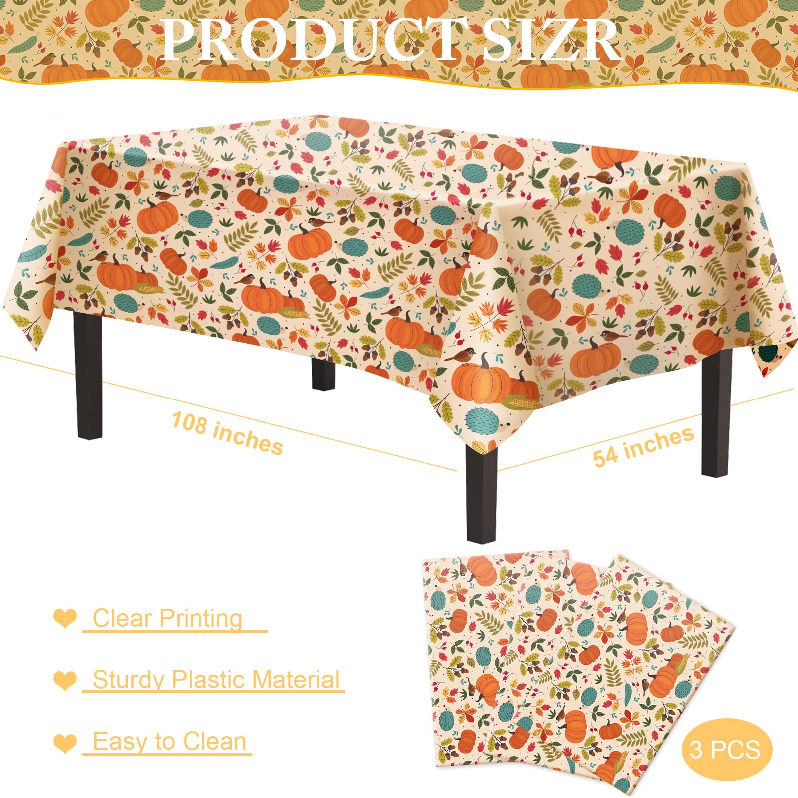 Cakka Thanksgiving Tablecloth Plastic 54X108 Inch, 3 Pack Disposable Fall Pumpkin Table Cover, Orange Marple Leaf Rectangle Autu