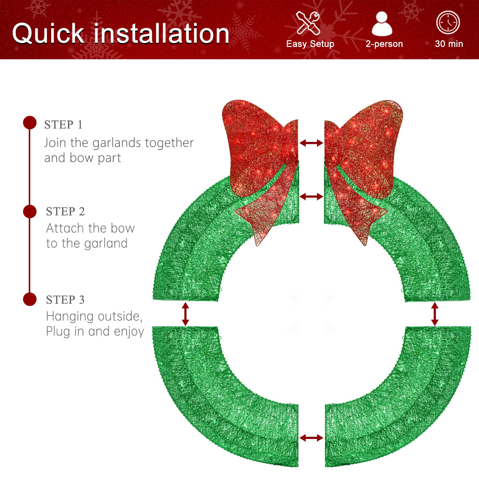 HOYECHI 48-Inch Christmas Wreath - Green Metal Outdoor Decor with LED Lights, Model HYC812