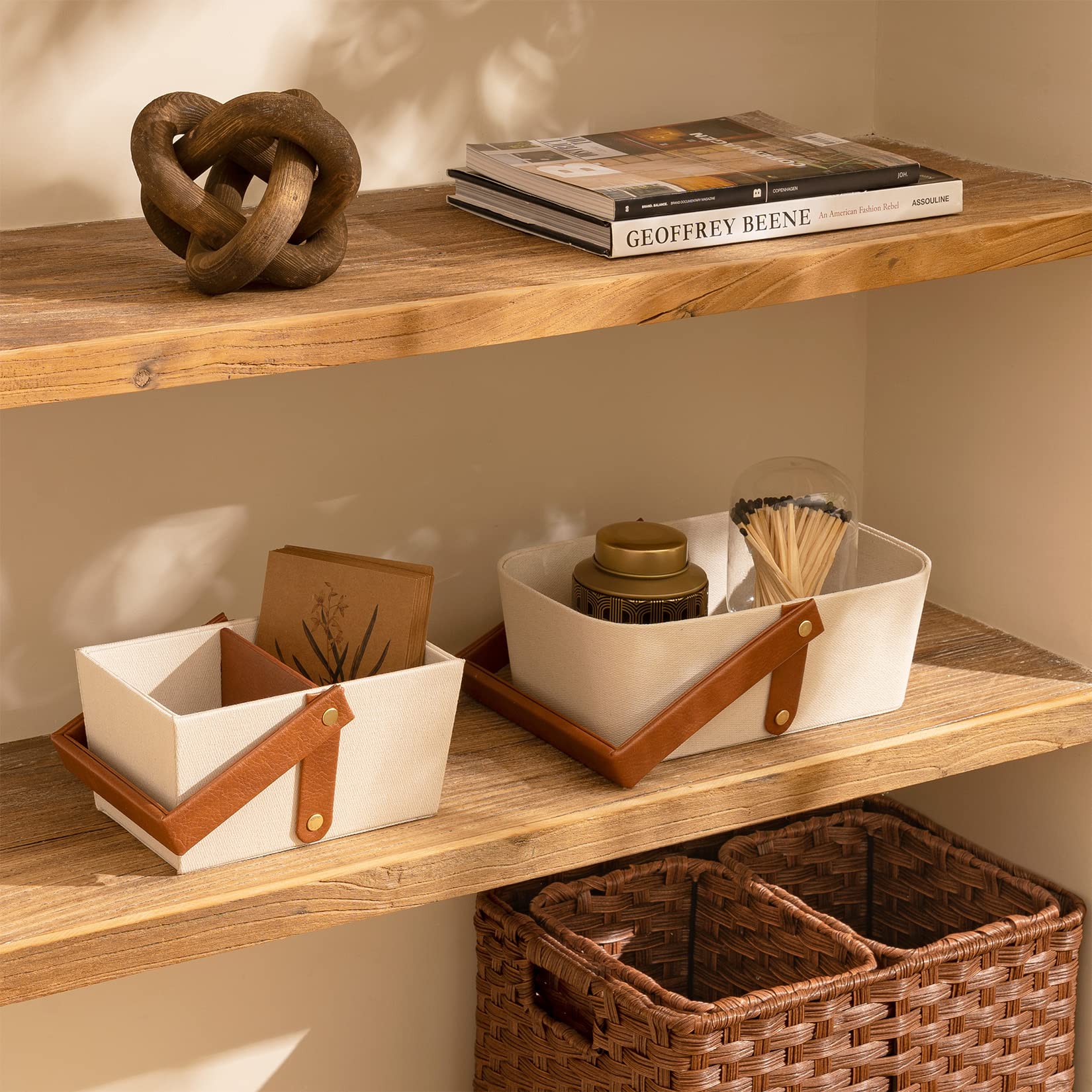 La Jolie Muse Storage Baskets For Organizing Makeup Storage, Bathroom Caddy, Divided Basket Bin With Greige Cloth, Vegan Leather