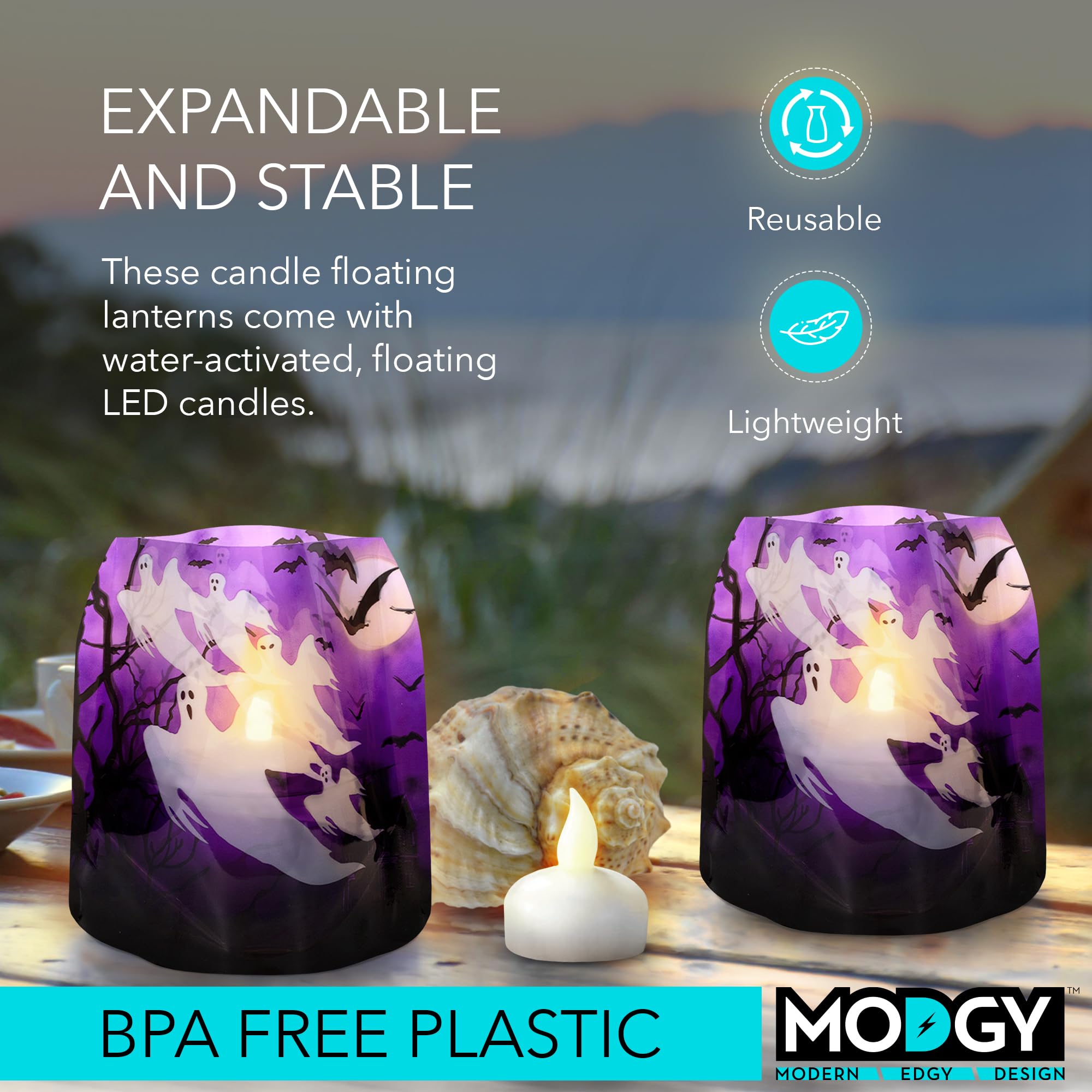 MODGY Luminary Lanterns, Halloween Candle Holders with Flameless Floating LED Candles, Indoor Outdoor Decor for Parties, Home, W