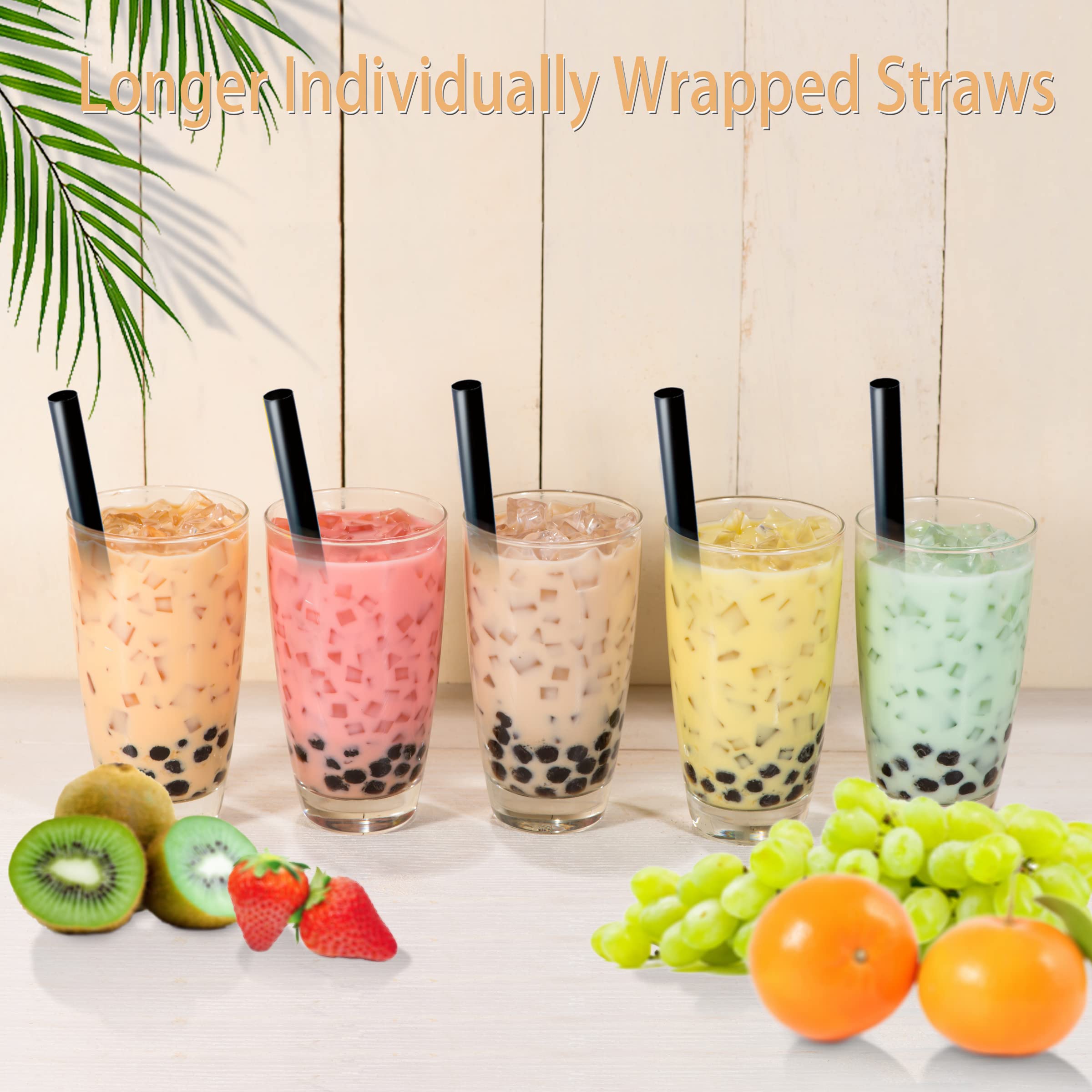 100 Pcs Individually Packaged Pointed Jumbo Smoothie Straws Disposable Individually Wrapped Plastic Lengthen Milkshake Boba Straw (0.43'' Diameter and 9.45'' long) (Black)