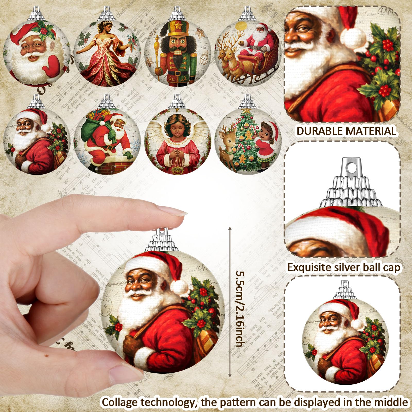 Outus 16 Pcs Santa Claus Black Ball Ornaments for Tree African American Christmas Hanging Ornaments Santa Claus Black Christmas