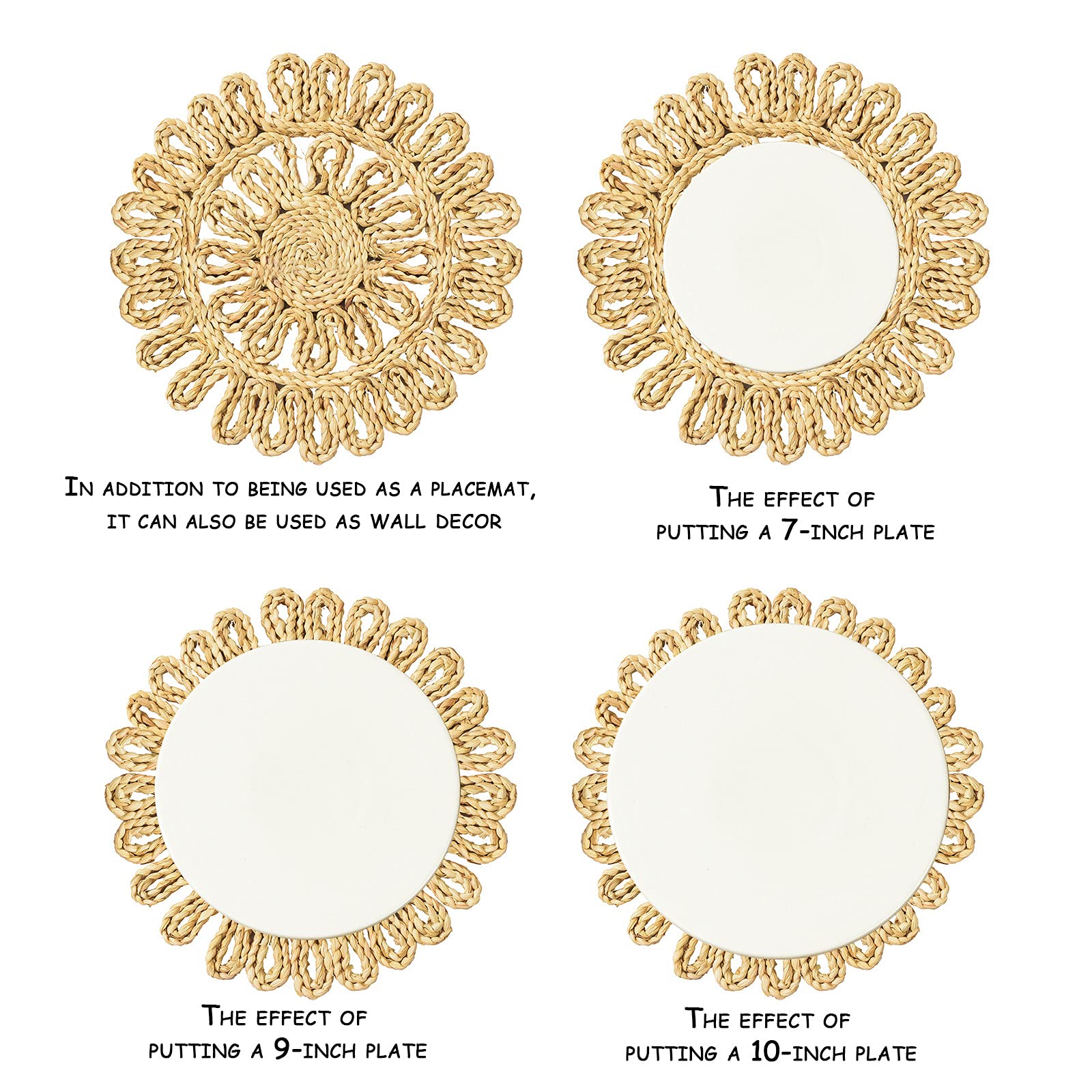 Icosamro Round Woven Placemats For Dining Table Set Of 6, 11 Inch Small Boho Placemats Natural Braided Rattan Rustic Wicker Char