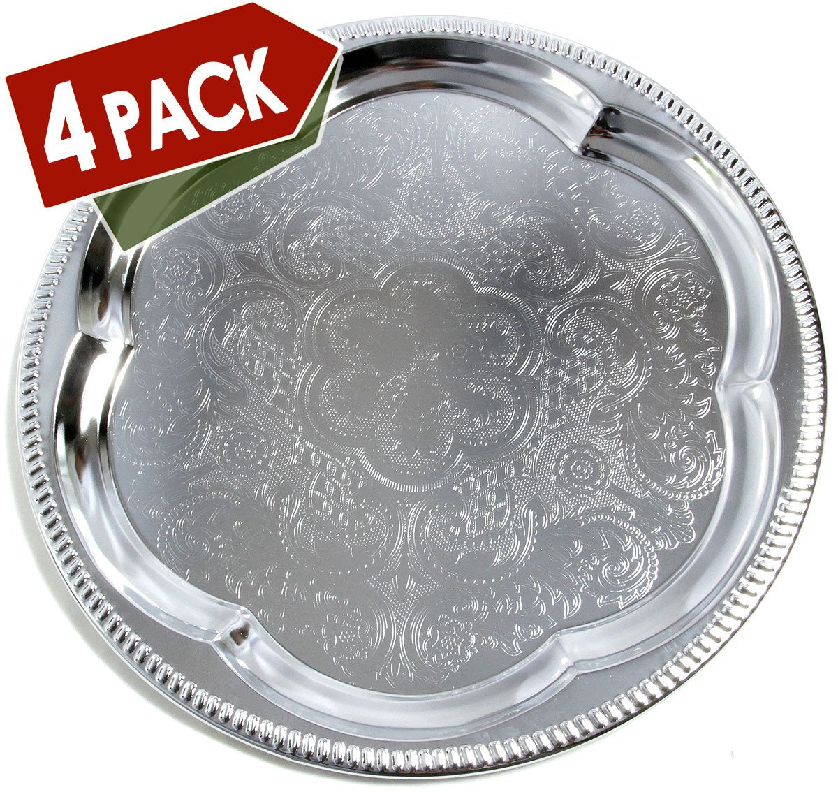 Maro Megastore (Pack Of 4) 13.8-Inch Elegant Round Floral Pattern Engraved Catering Chrome Plated Serving Plate Mirror Tray Plat