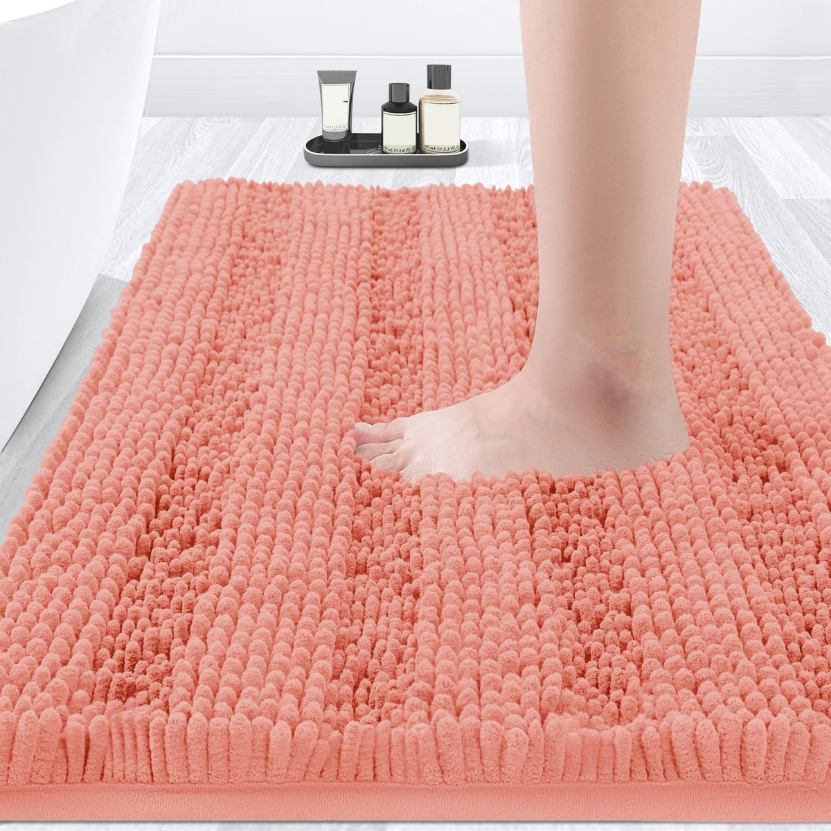 Accumtek Striped Coral Bathroom Rug Mat 32''X20'' Ultra Soft, Non Slip Chenille Bath Rugs, Absorbent Plush Shaggy Bath Mats For