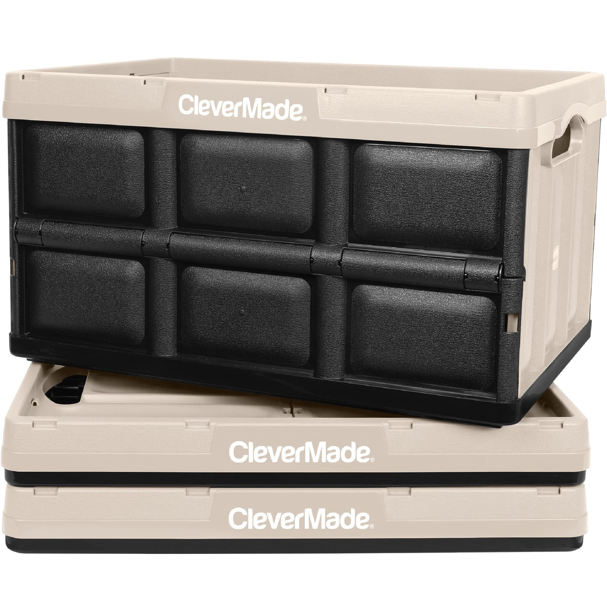 Clevermade Collapsible Storage Bin, Tan, 3Pk - 46L (12 Gal) Stackable Storage Containers, Holds 66Lbs Per Bin - Plastic Storage