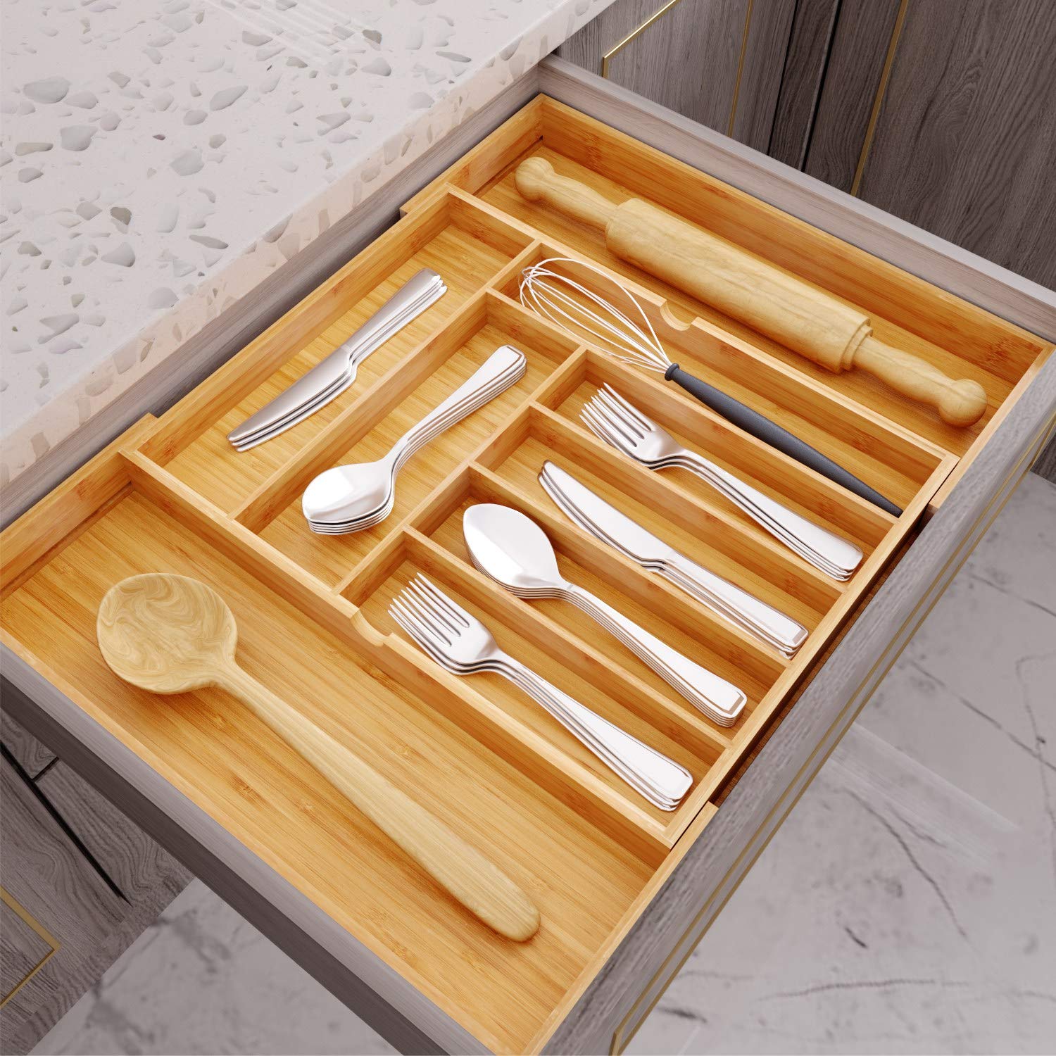 Bameos Drawer Organizer Flatware Organizer Cutlery Tray Silverware Organizer Expandable Adjustable Bamboo Drawer Organizer Kitch