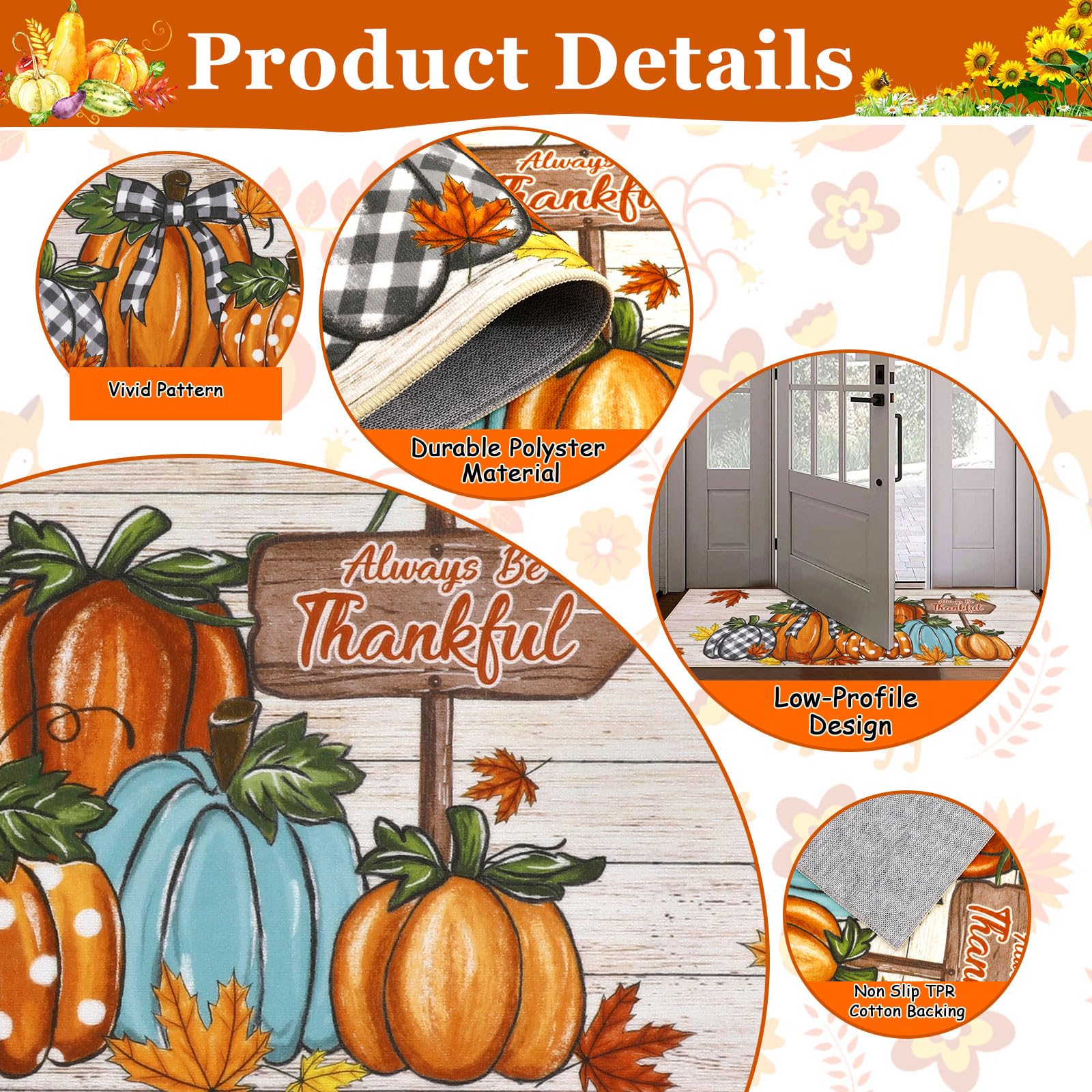 U Artlines Fall Pumpkin Kitchen Rugs with Runner Sets 3 Piece Farmhouse Seasonal Harvest Holiday Party Rugs and Mats Non Skid W