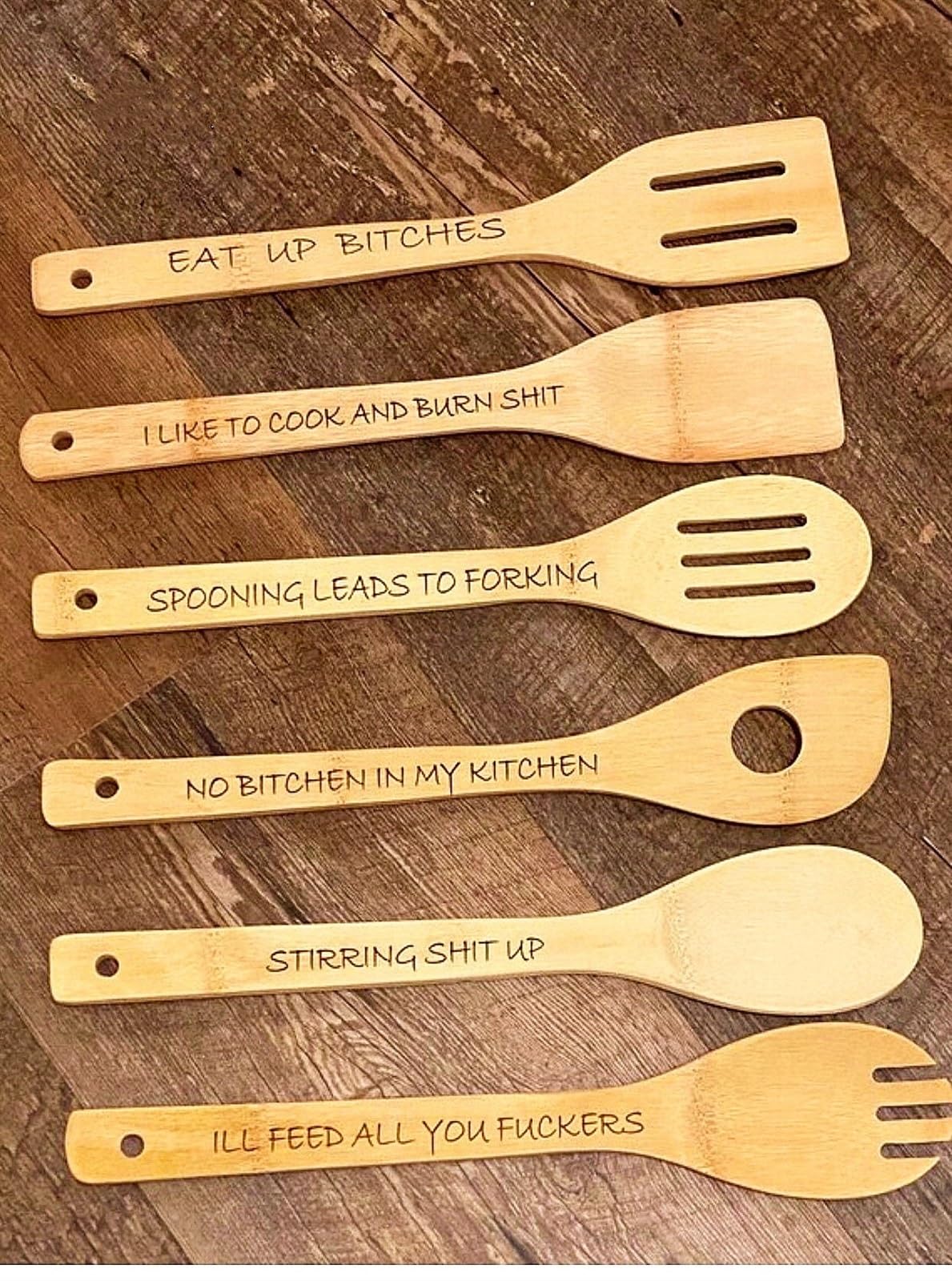 AmSoaN Funny Engraved Coffee Spoon Set(6pcs), Personalized Wooden Cooking Spoons, Bamboo Kitchen Utensils Gag Gifts (Size)
