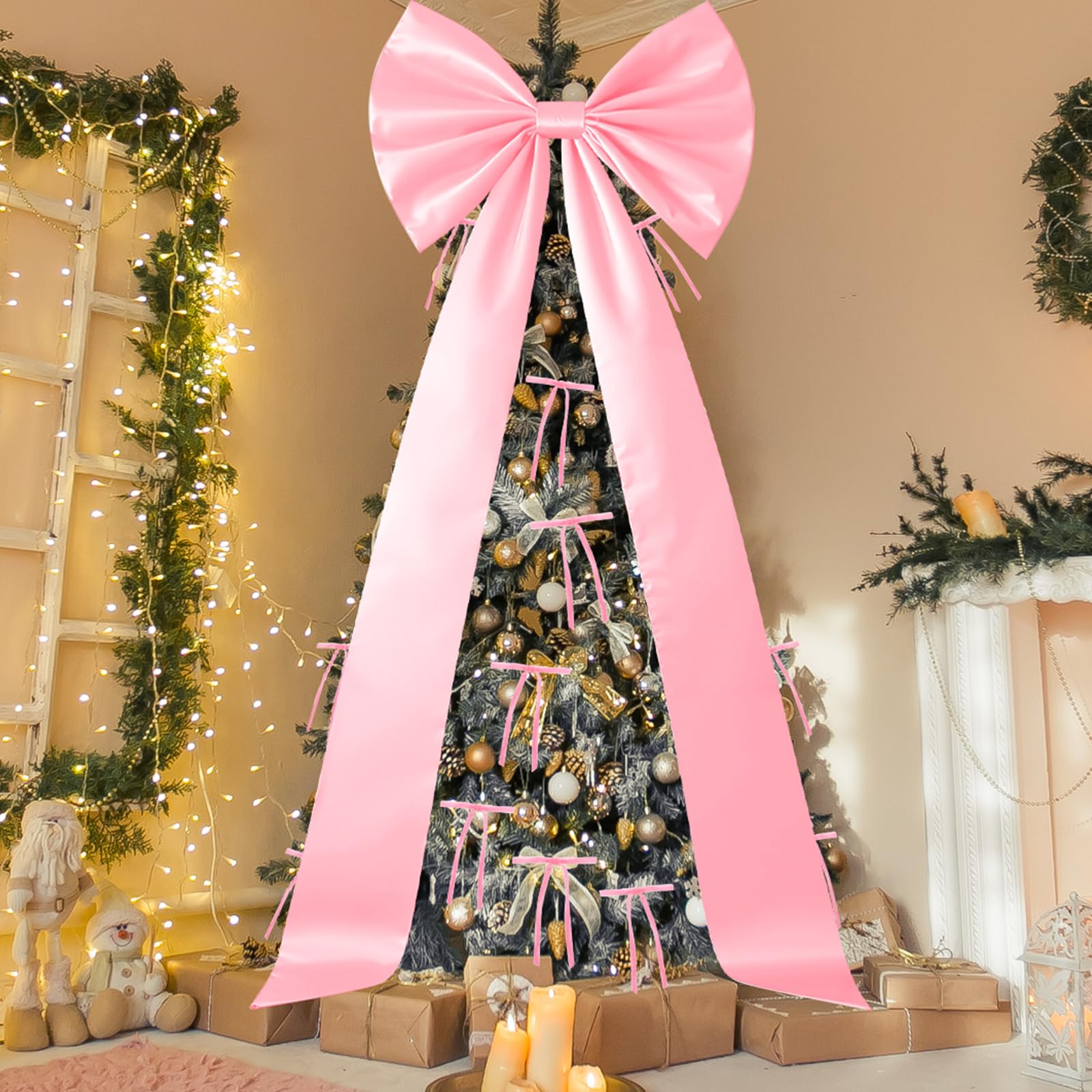 Daifunli 71 x 20 Inch Giant Pink Bow Christmas Tree Topper with 24 Pcs Velvet Christmas Bow Extra Large Xmas Tree Topper Decor f