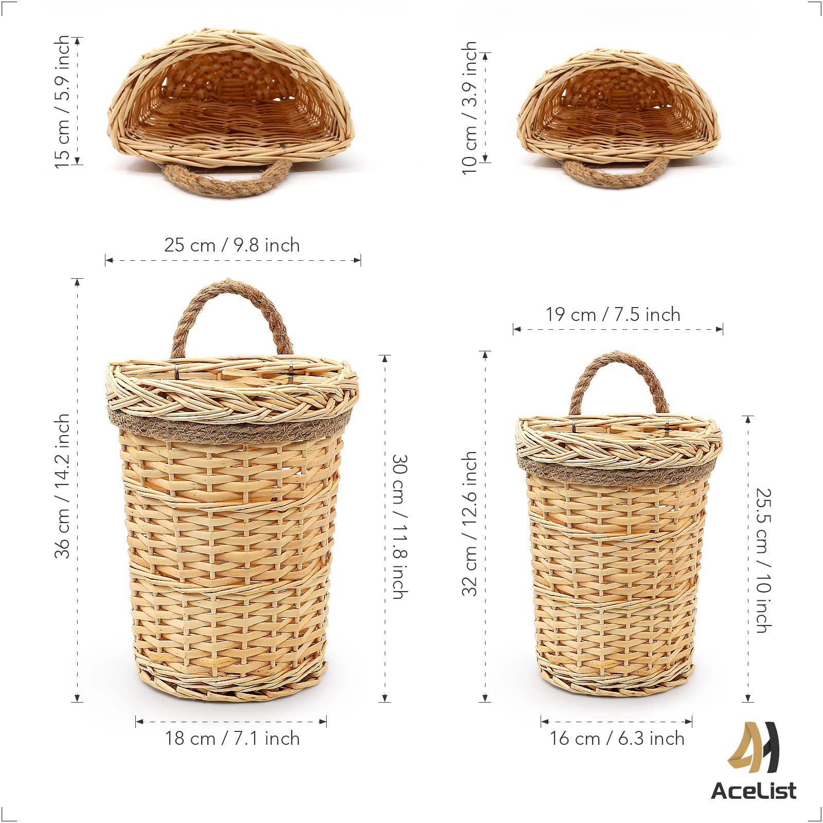 2 Pack Woven Wicker Hanging Baskets, Rustic Farmhouse Hanging Wall Basket Decor For Front Door Wall Kitchen Home Room(Original)