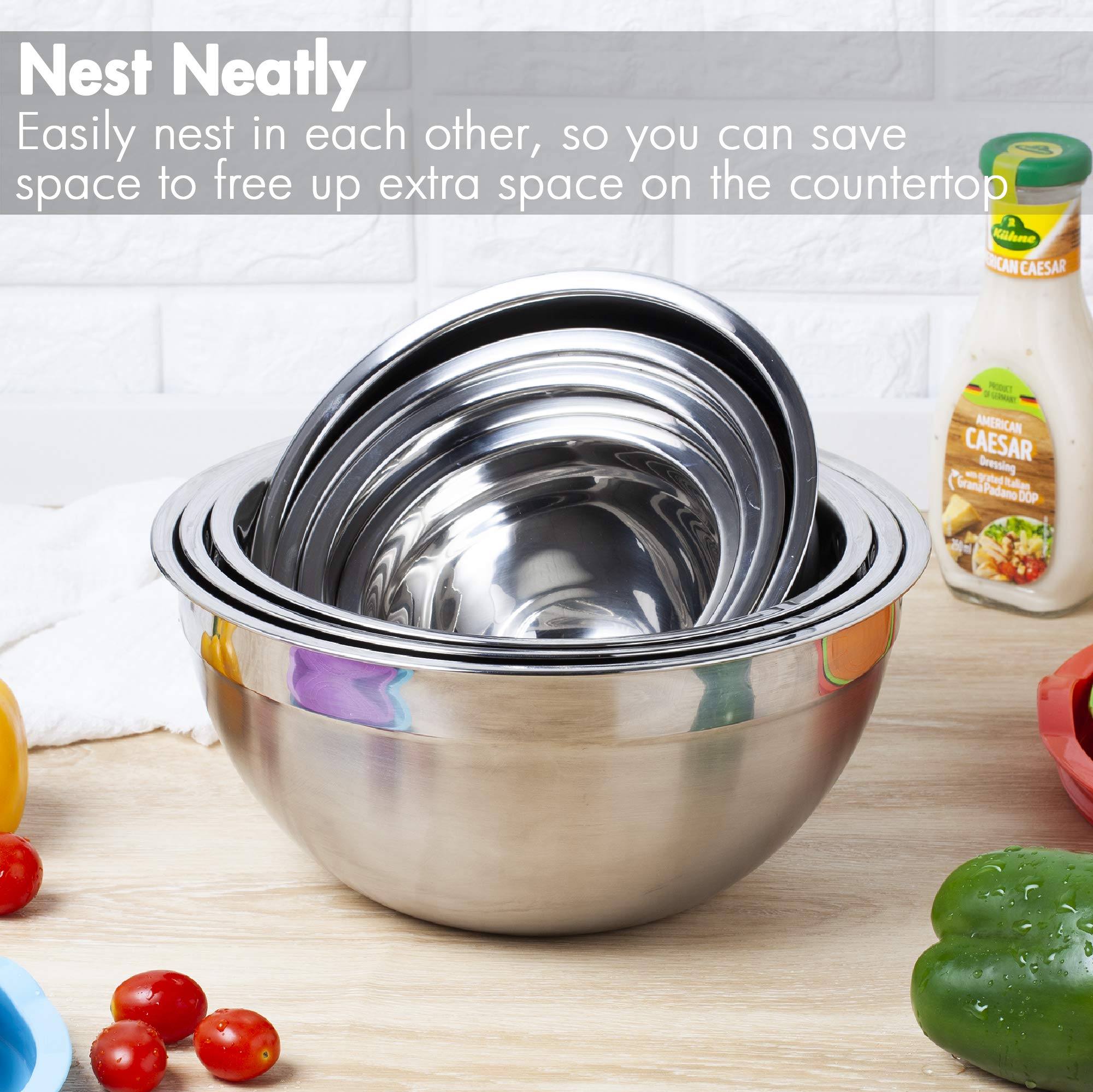 YIHONG 7 Piece Mixing Bowls with Lids for Kitchen  Stainless Steel Mixing Bowls Set Ideal for Baking  Prepping  Cooking and Serving Food  Nesting Metal Mixing Bowls for Space Saving Storage