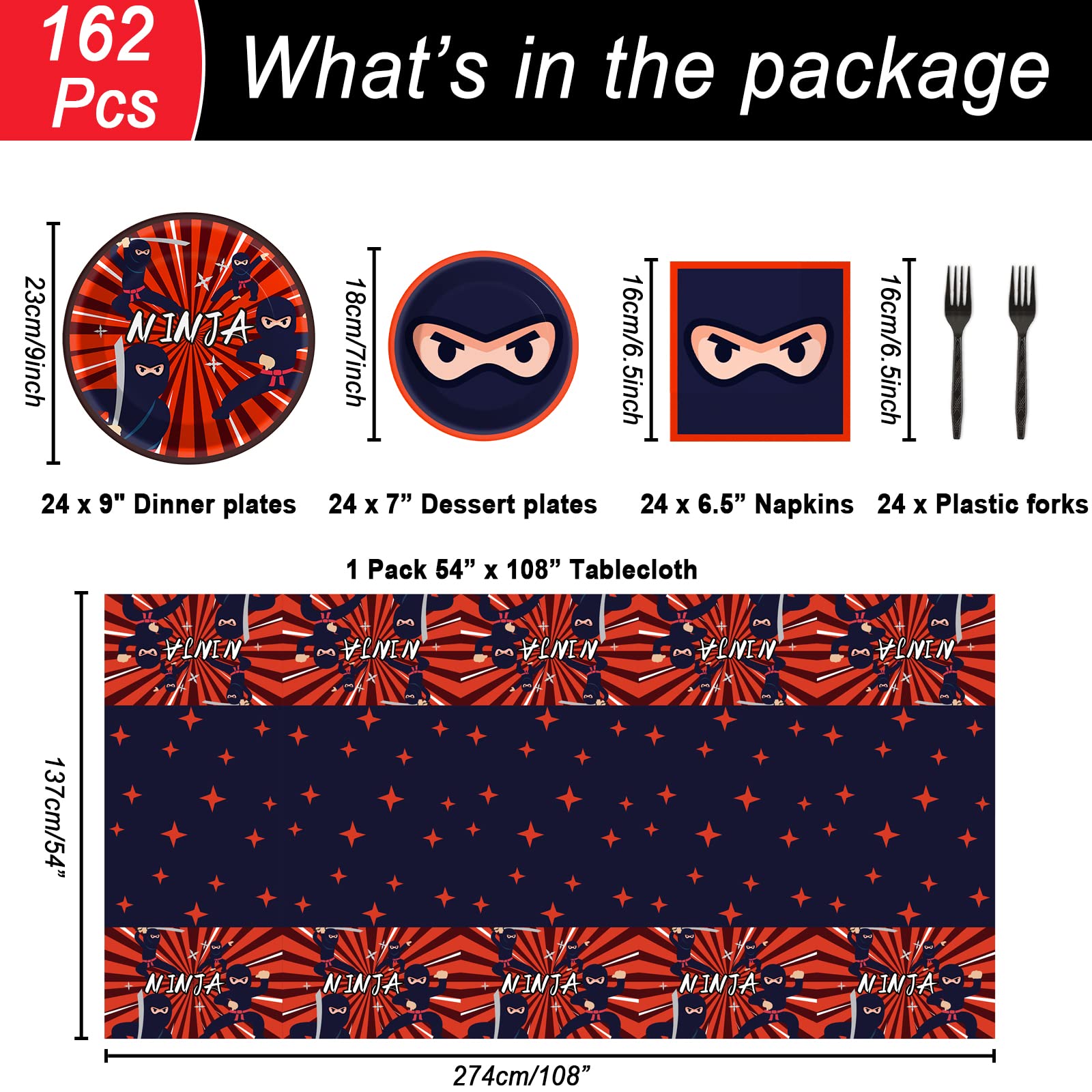 162 Pcs Ninja Birthday Party Decoration Set Ninja Warrior Party Supplies Kit Includes Ninja Master Tableware Tablecloth Hanging