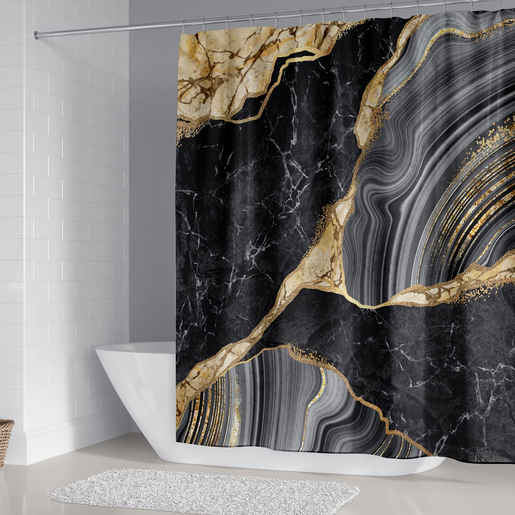 Beifivcl 4Pcs Marble Shower Curtain Sets, Bathroom Decor Sets, Luxury Shower Curtain With 12 Hooks, Bath Mat, Toilet Lid Rug And