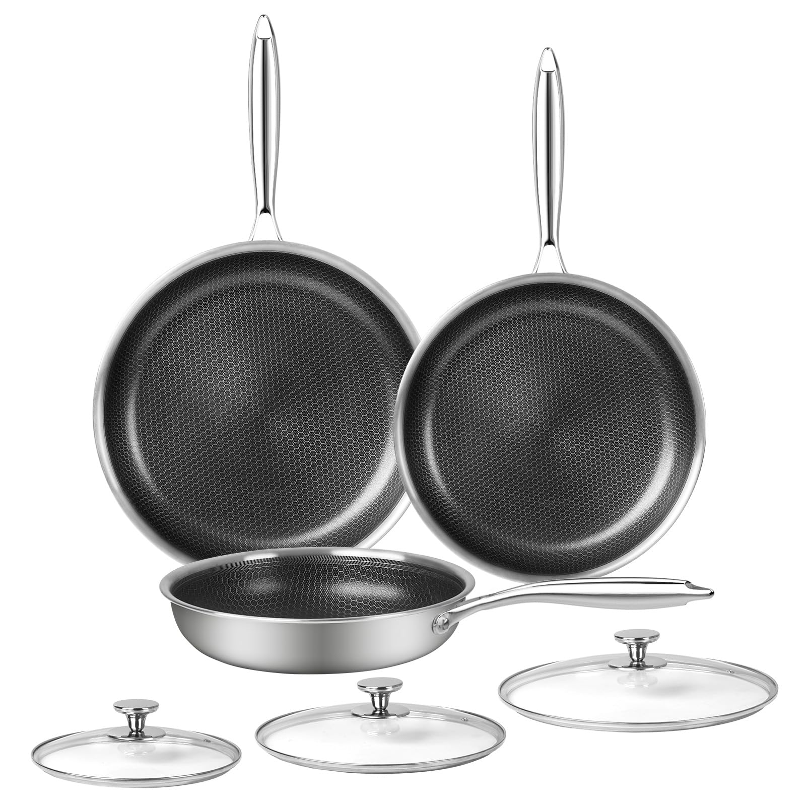 6 Piece Stainless Steel Frying Pan Cookware Set Non-Stick Honeycomb Frying Pan W/Cooking Lid Stay Cool Handle Nonstick Omelette 