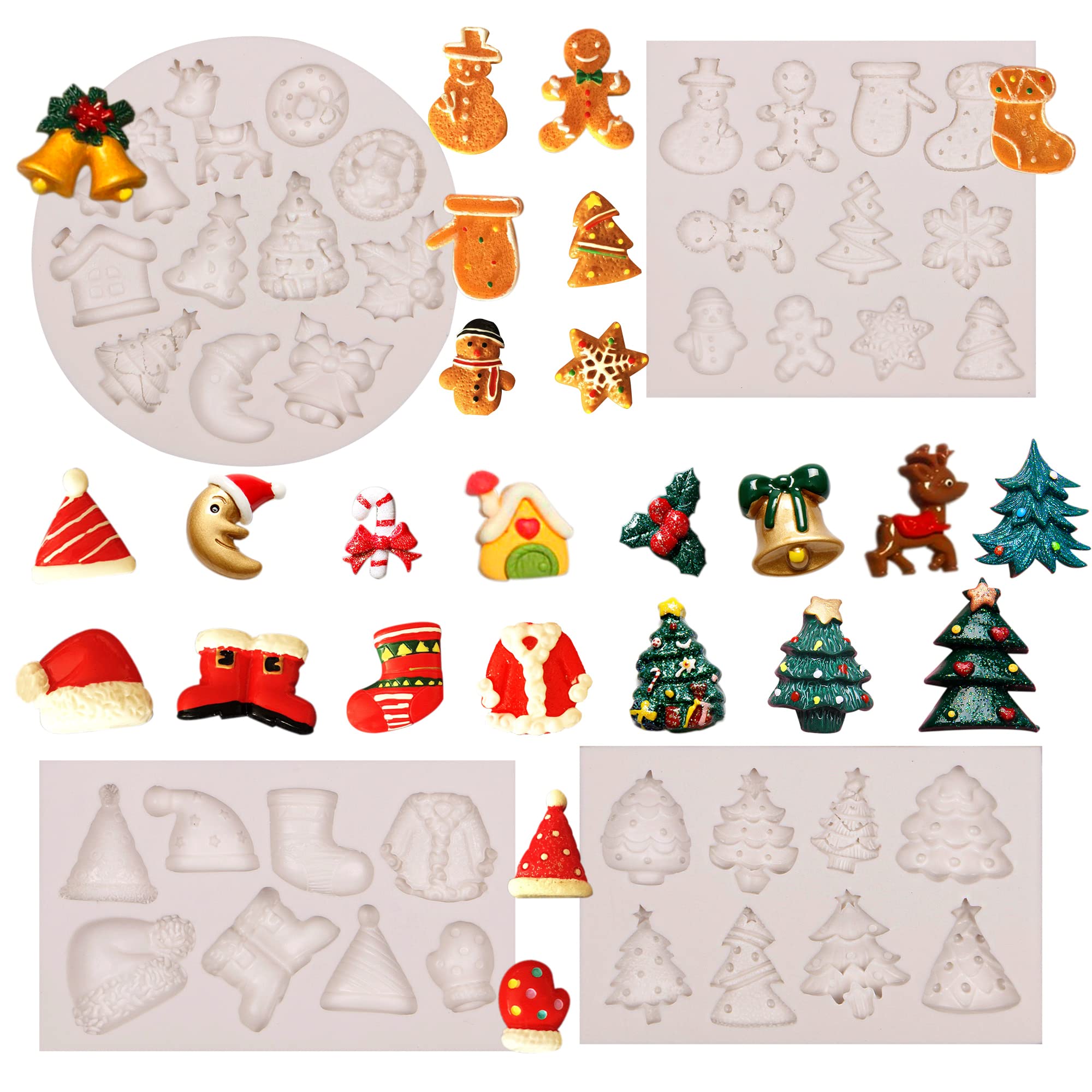 Muyulin Mini Christmas Cake Decoration Chocolate Mold, 4 Packs Fondant Christmas Silicone Molds, Bell, Reindeer, Winterleaf, Soc