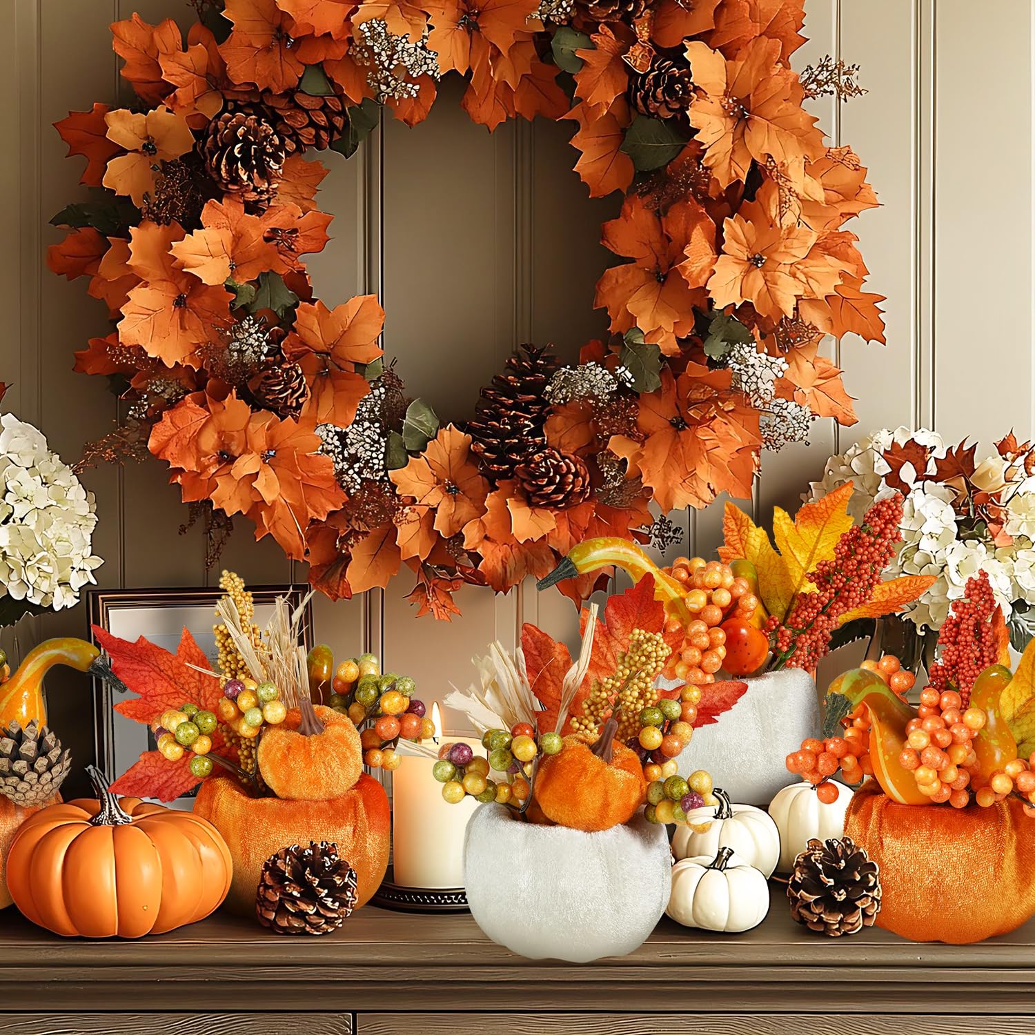 Artmag Set of 6 Artificial Pumpkins Decorations, Decorative Fabric Orange Pumpkin with Maple Berry Acorn Pine Cone Vegetables fo