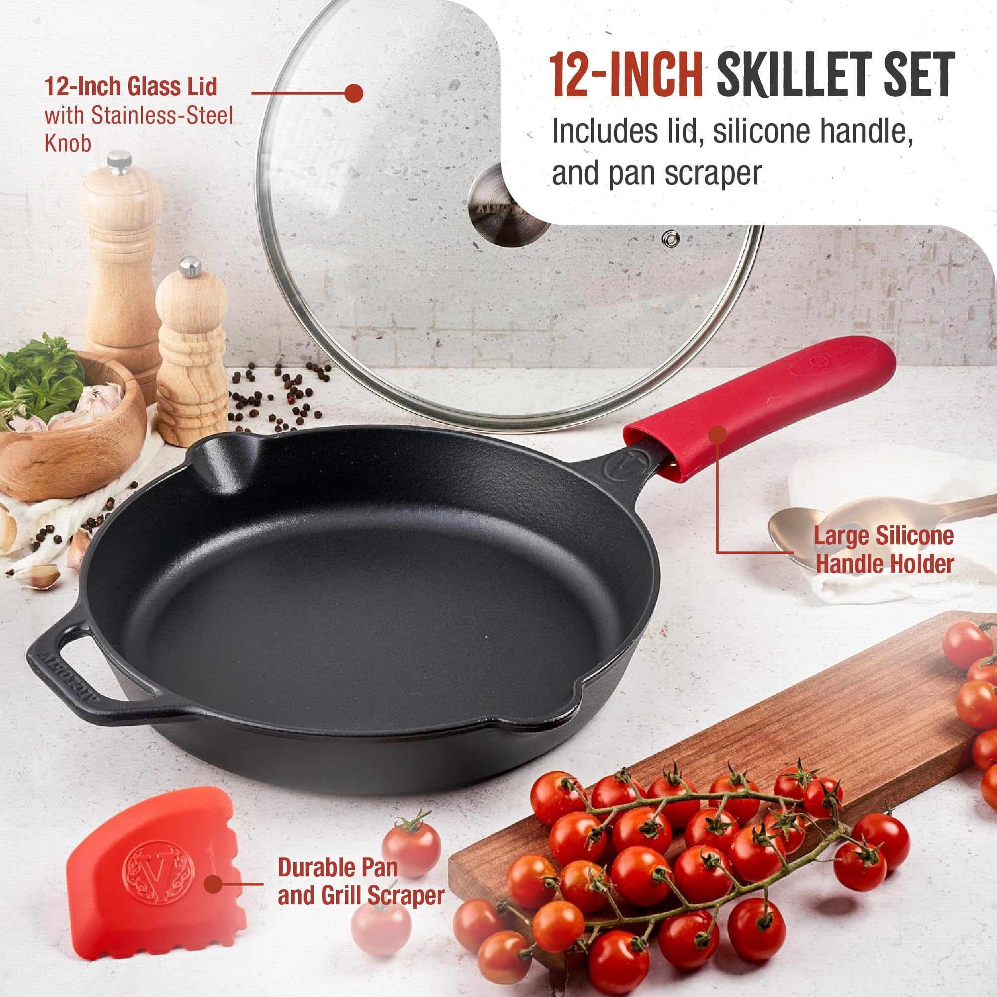 Victoria 12-Inch Cast Iron Skillet Set With Tempered Glass Lid, Large Handle Cover, And Pan Scraper