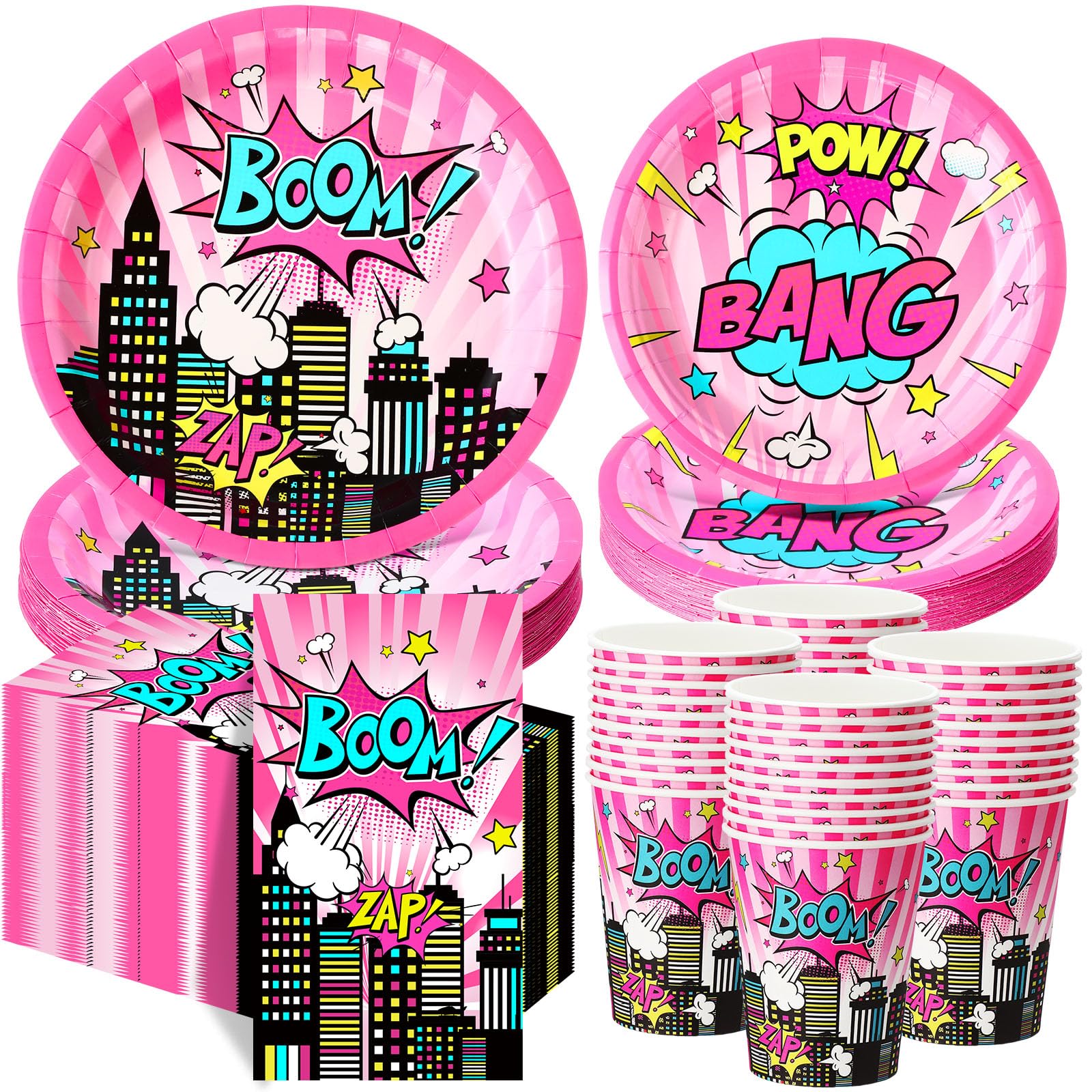 Funnymoom 250 Pcs Girl Hero Birthday Decoration Pink Comic Girl Hero Paper Plates Napkins and Cups Power Halloween Theme Party T