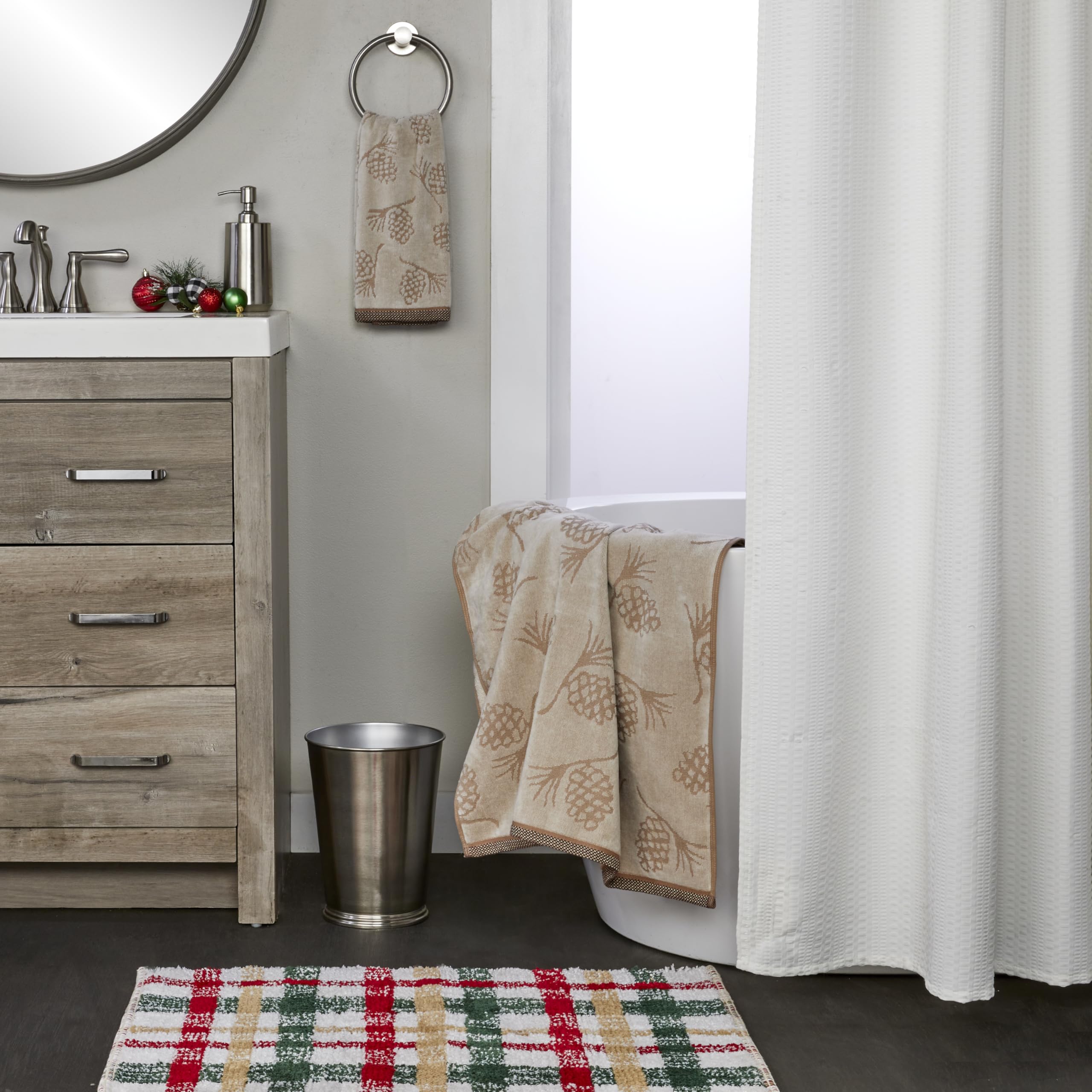 Skl Home Fall/Winter/Christmas Pinecone Jacquard Hand Towel 2Pc Set For Bath/Kitchen/Bar & Gift, Wheat