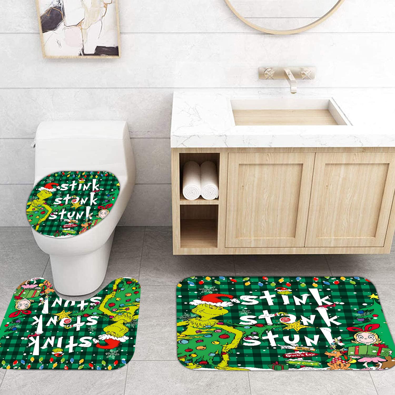 4 Pcs Christmas Bathroom Set, Shower Curtain, Non-Slip Rugs, Toilet Lid Cover and Bath Mat - 72 X 72 Inches with Hooks - Holiday