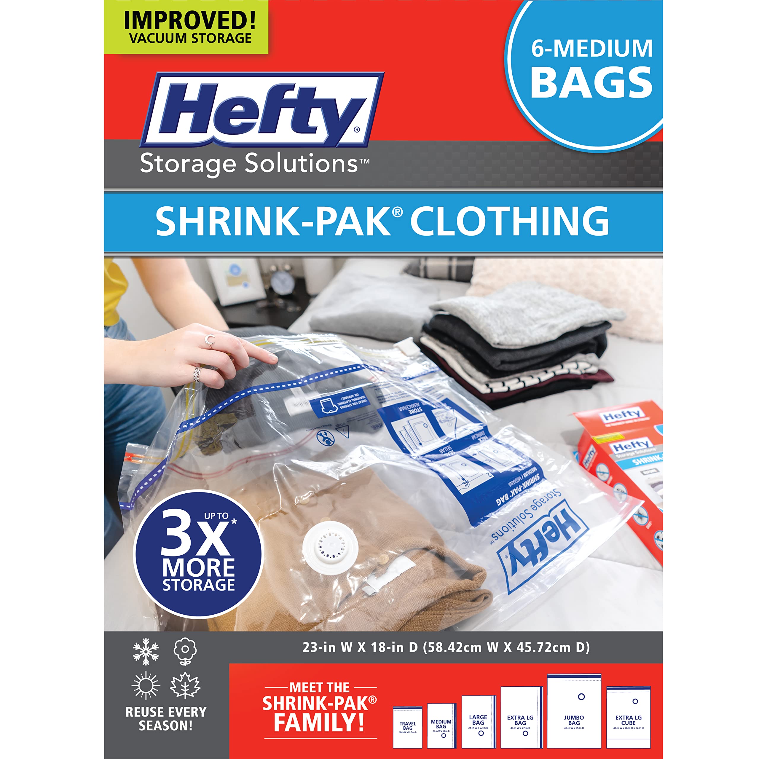 Hefty Shrink-Pak Vacuum Storage Bags - Space Saver Vacuum Storage Bags For Under Bed Storage, Clothing And Comforter Storage, 3X