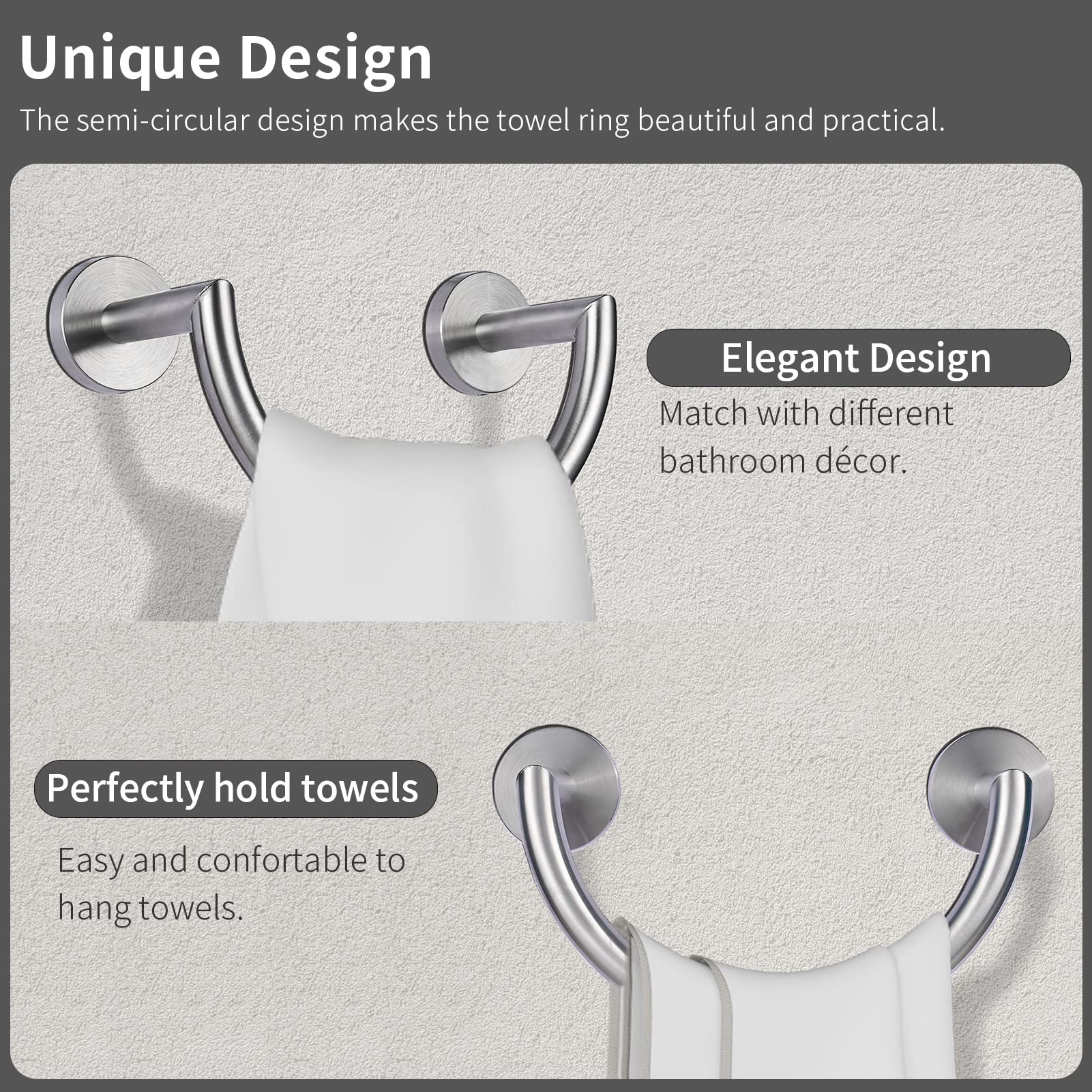 Houseaid Stainless Steel Towel Ring For Bathroom, Hand Towel Holder, Modern Semi-Circular Hand Towel Rack, Wall Mounted, Brushed