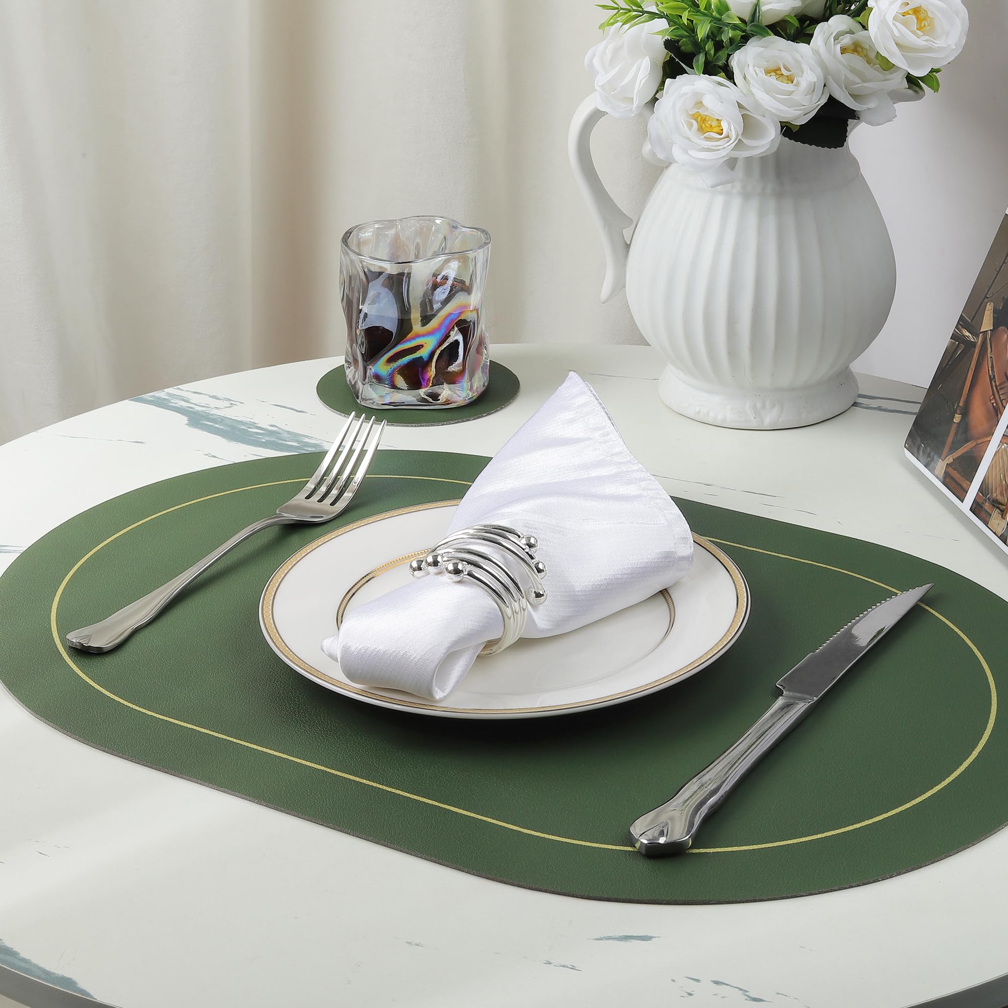 Fanquare Oval Placemats And Small Round Coasters Set Of 12 Faux Leather Placemats And Coasters Waterproof Double-Sided Color Din