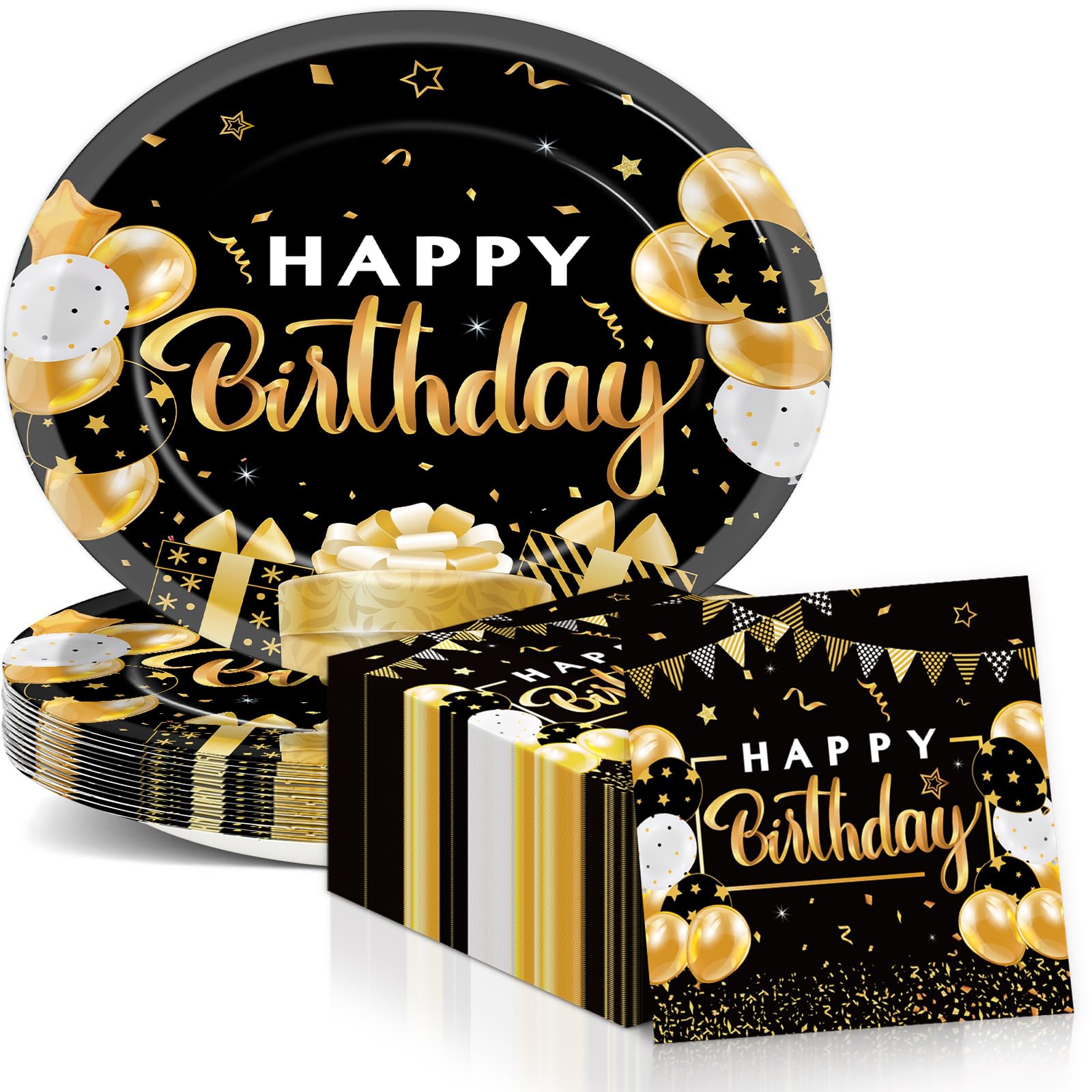 Birthday Oval Paper Plate 11inch Large Happy Birthdays Plates and Napkins, Black and Gold Party Decoration Favor Dish Tray for M