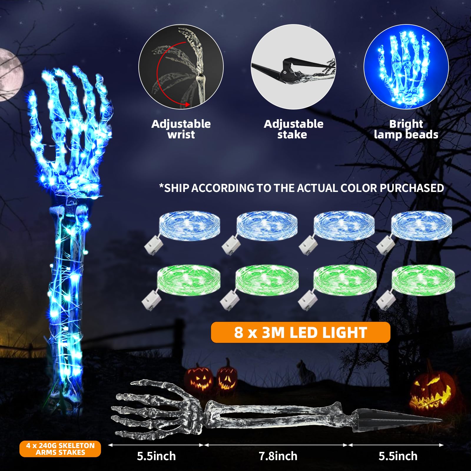 Halloween Lighted Skeleton Hands Set, 4 Pack Light Up Skeleton Arm Stakes, 4 x 3m 240 LED Green & Blue Lights with 3 Modes, Real