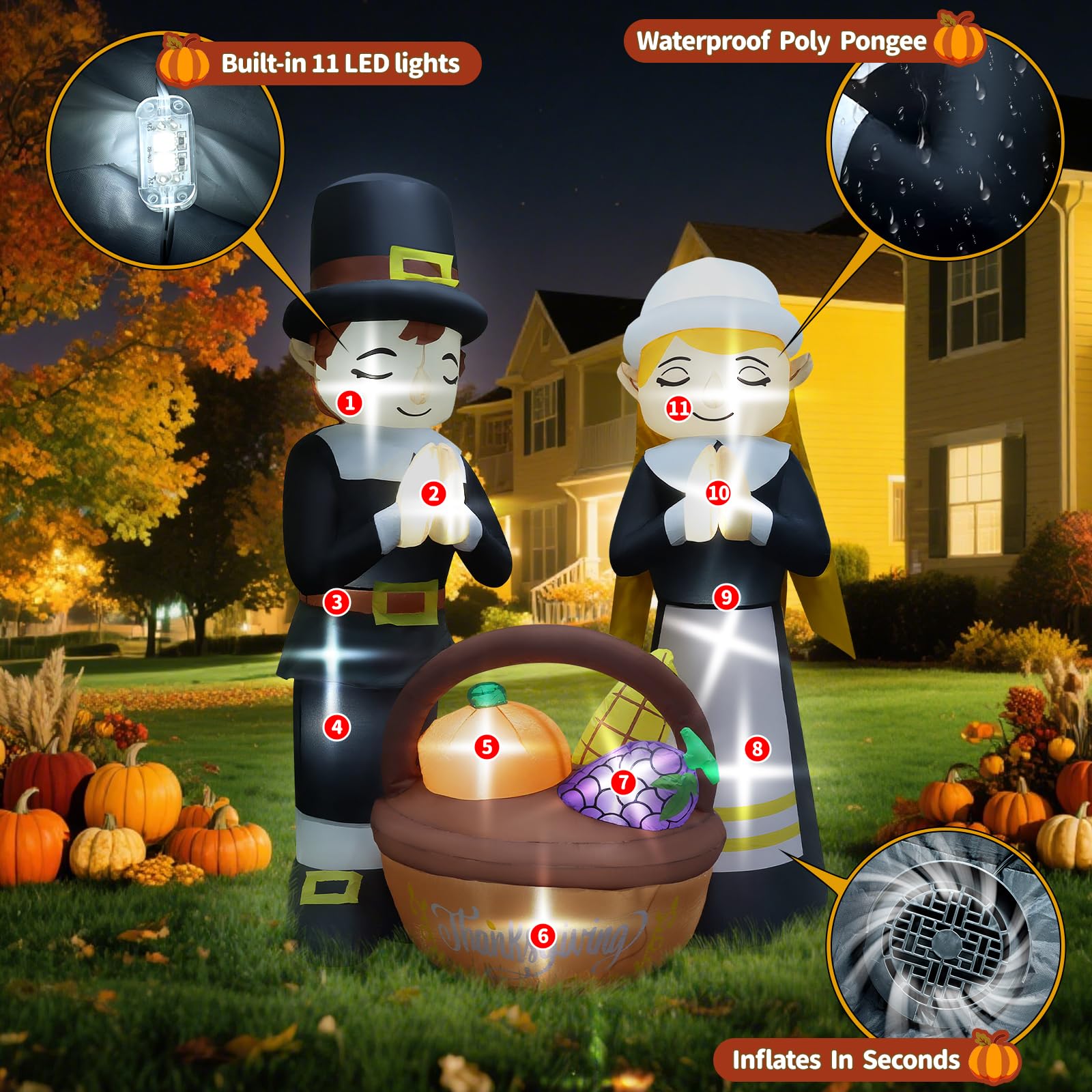 6FT Thanksgiving Inflatables Fall Outdoor Decorations, Lighted Pilgrim Boy and Girl Blow Up with Basket & 11 Built-in LEDs & Blo