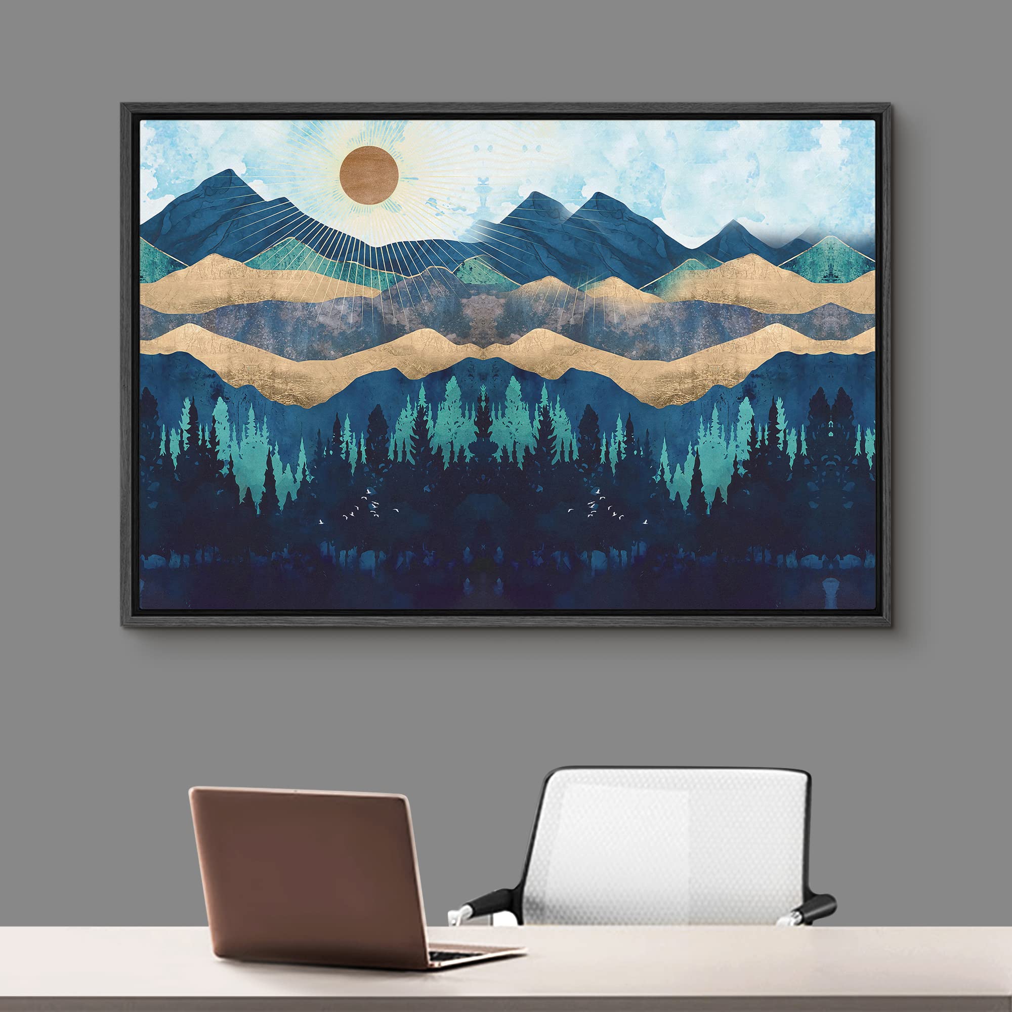 Signford Framed Canvas Print Wall Art Woodland Nursery Decor Blue Mountains & Forest Under Shining Sun Abstract Wilderness Moder