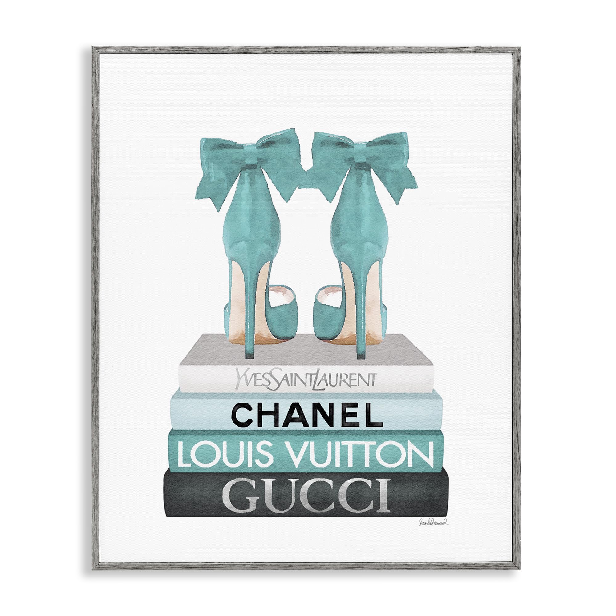Stupell Industries Turquoise Bow Heels on Books, Framed Giclee Art, Gray, 11 x 14 Inches, Easy to Hang and Sturdy, Made in USA