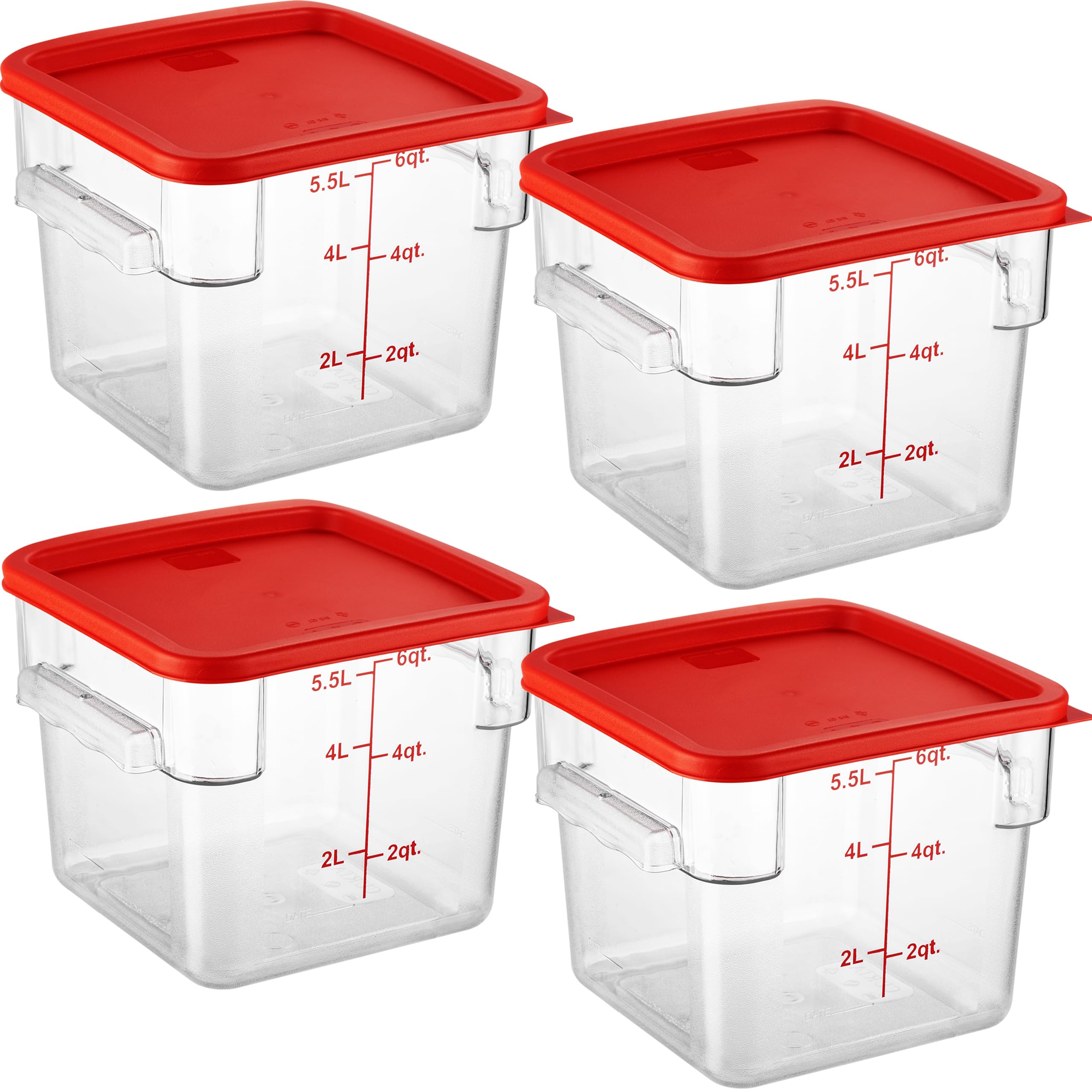 Curta 4 Pack Food Storage Container With Red Lid - Nsf Commercial Grade In 6.0 Qt - Square, Clear, Polycarbonate