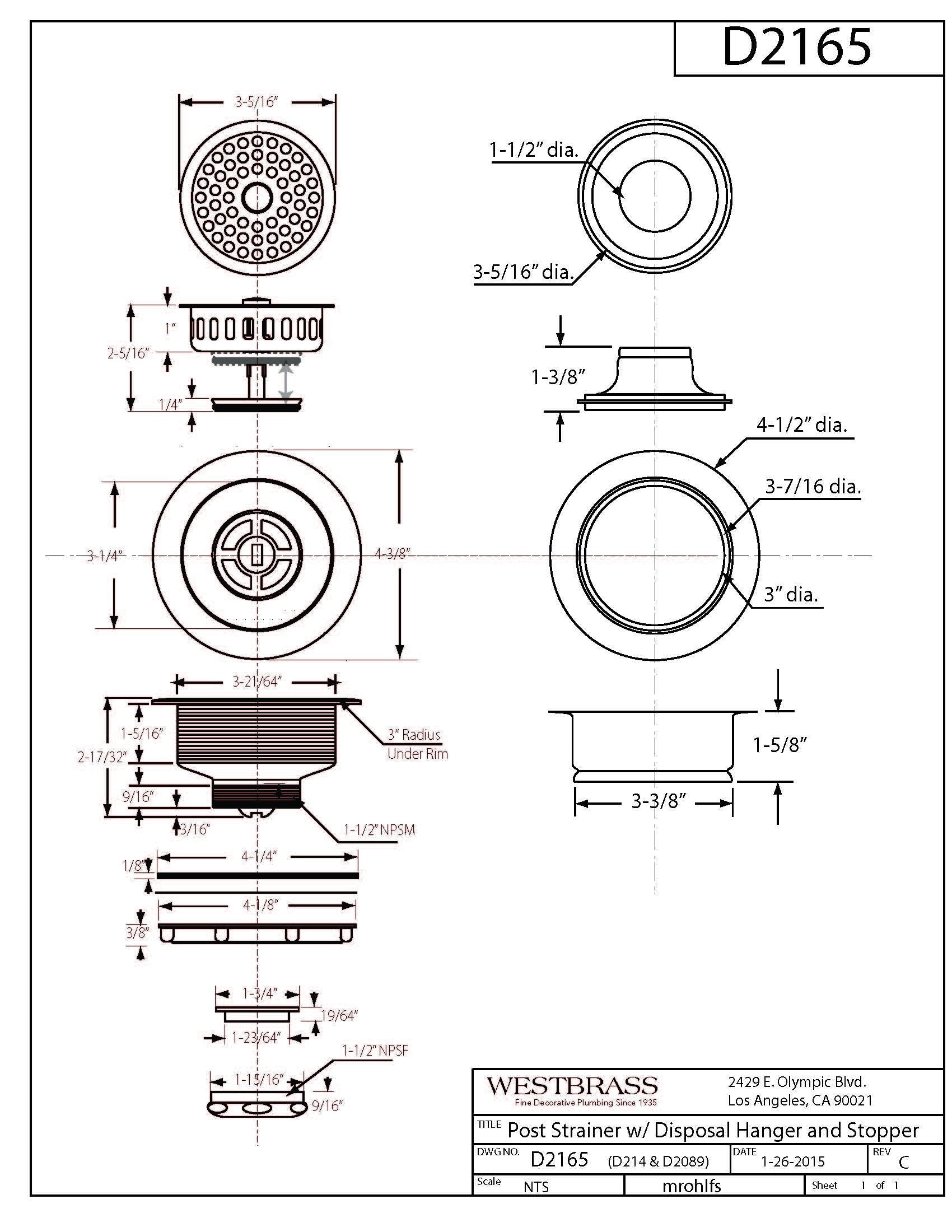 Westbrass D2165-07 Post Style Large Kitchen Basket Strainer With Waste Disposal Flange And Stopper, Satin Nickel