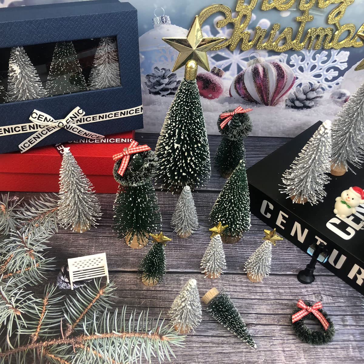 NotiGat Miniature Christmas Pine Tree mini Bottle Brush Christmas Trees Table top Village Winter Tree for Christmas Decorations