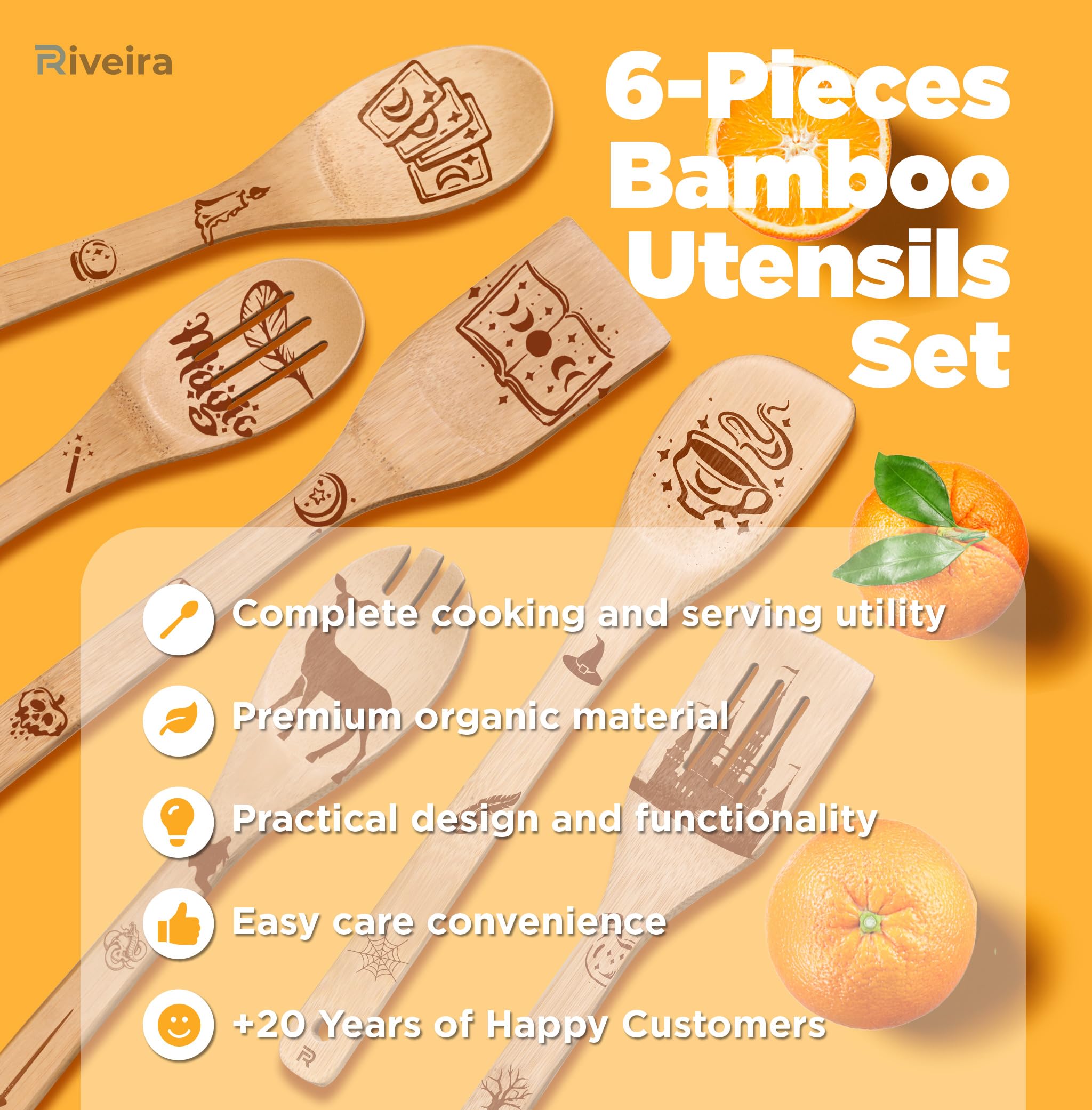 Riveira Magic Wizard Gifts Organic Wooden Spoons For Cooking Utensils Set 6-piece - Christmas Gifts For Women Kitchen Utensils S