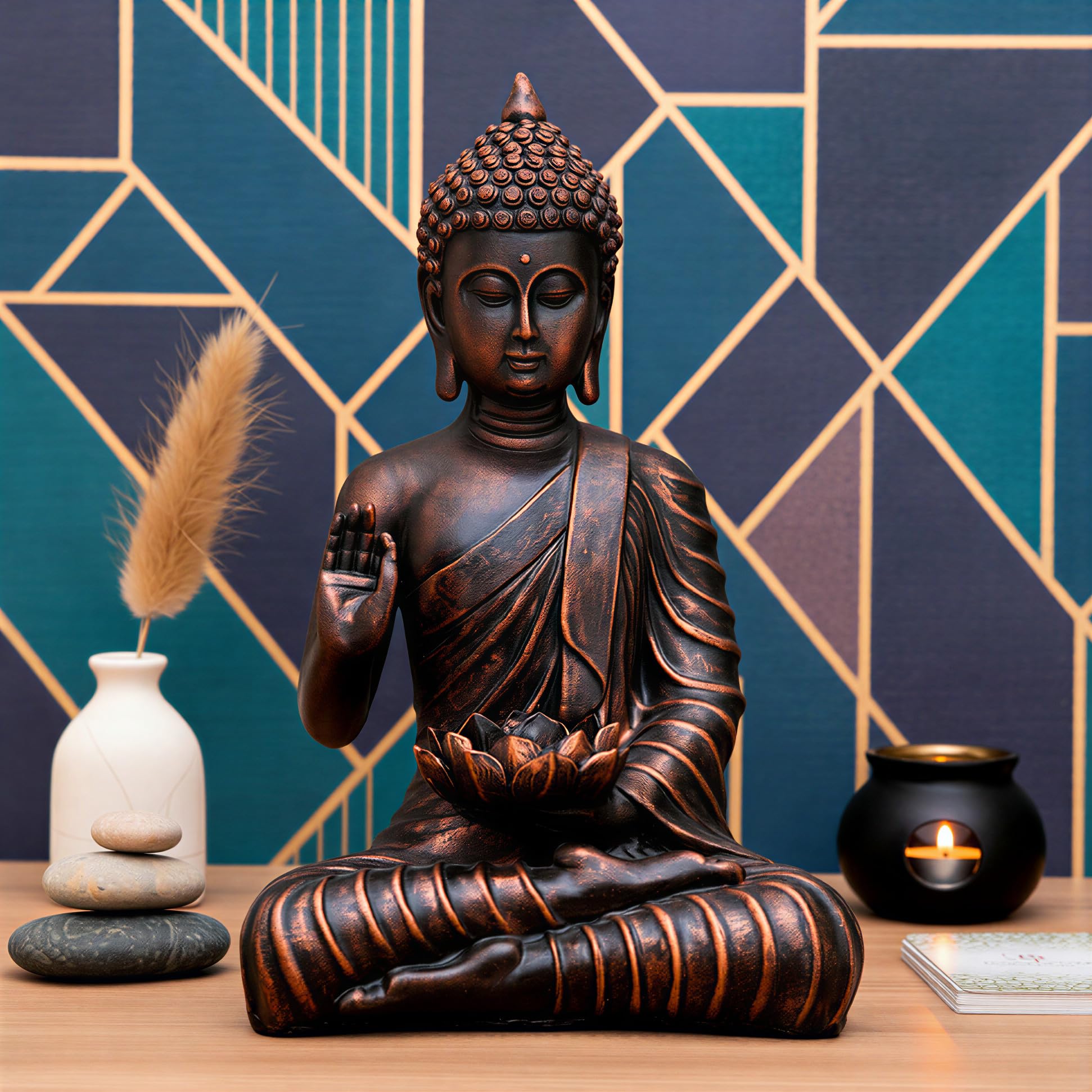 Heeran Art New Meditating Sitting Buddha Statue Showpiece Idol Home Decor Items For Living Room And Gifts (Antique Copper, Mediu