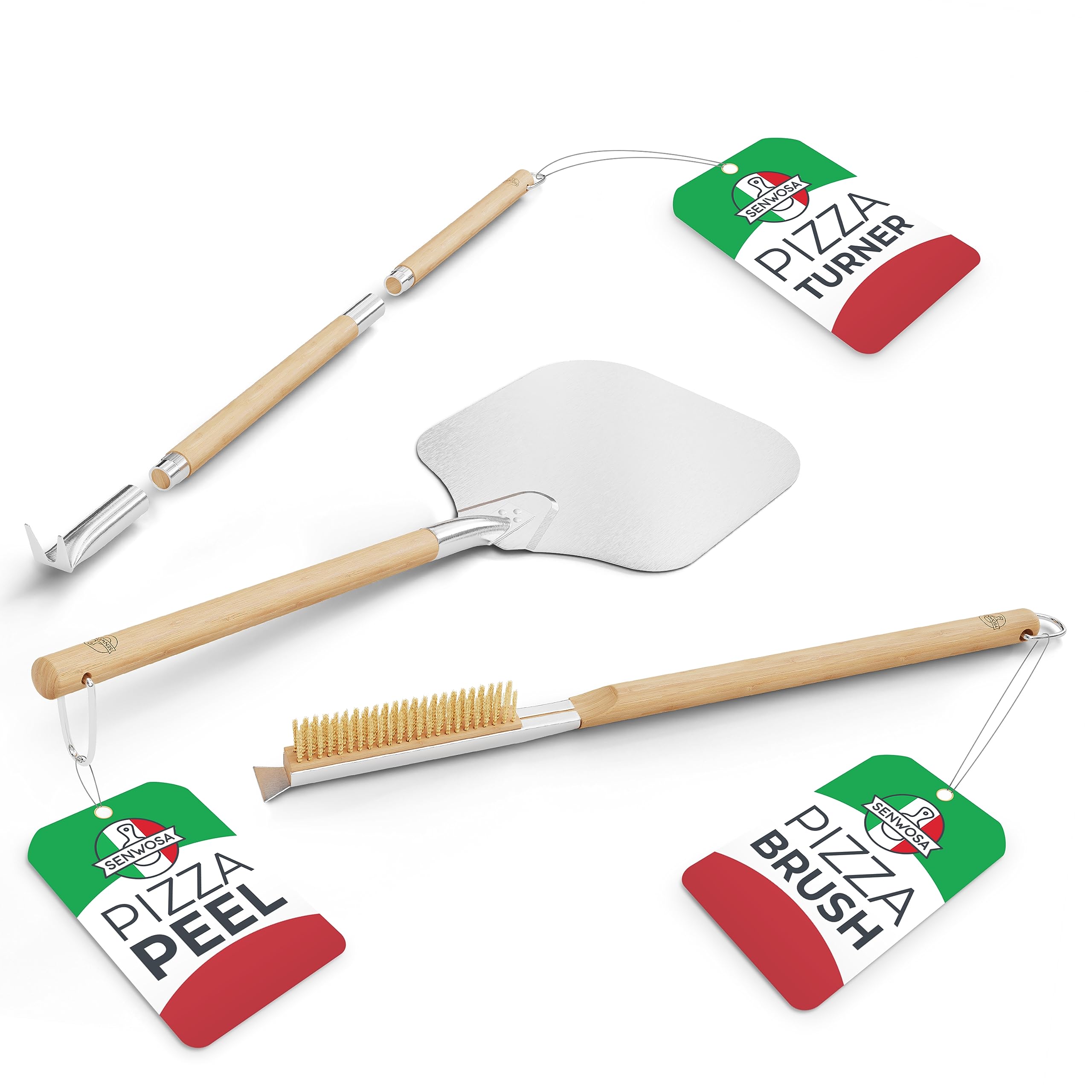 Senwosa Pizza Oven Accessories Kit: Pizza Peel 12 Inch + Turner + Oven Brush & Stone Scraper Bundle - Tools & Supplies Set - Com