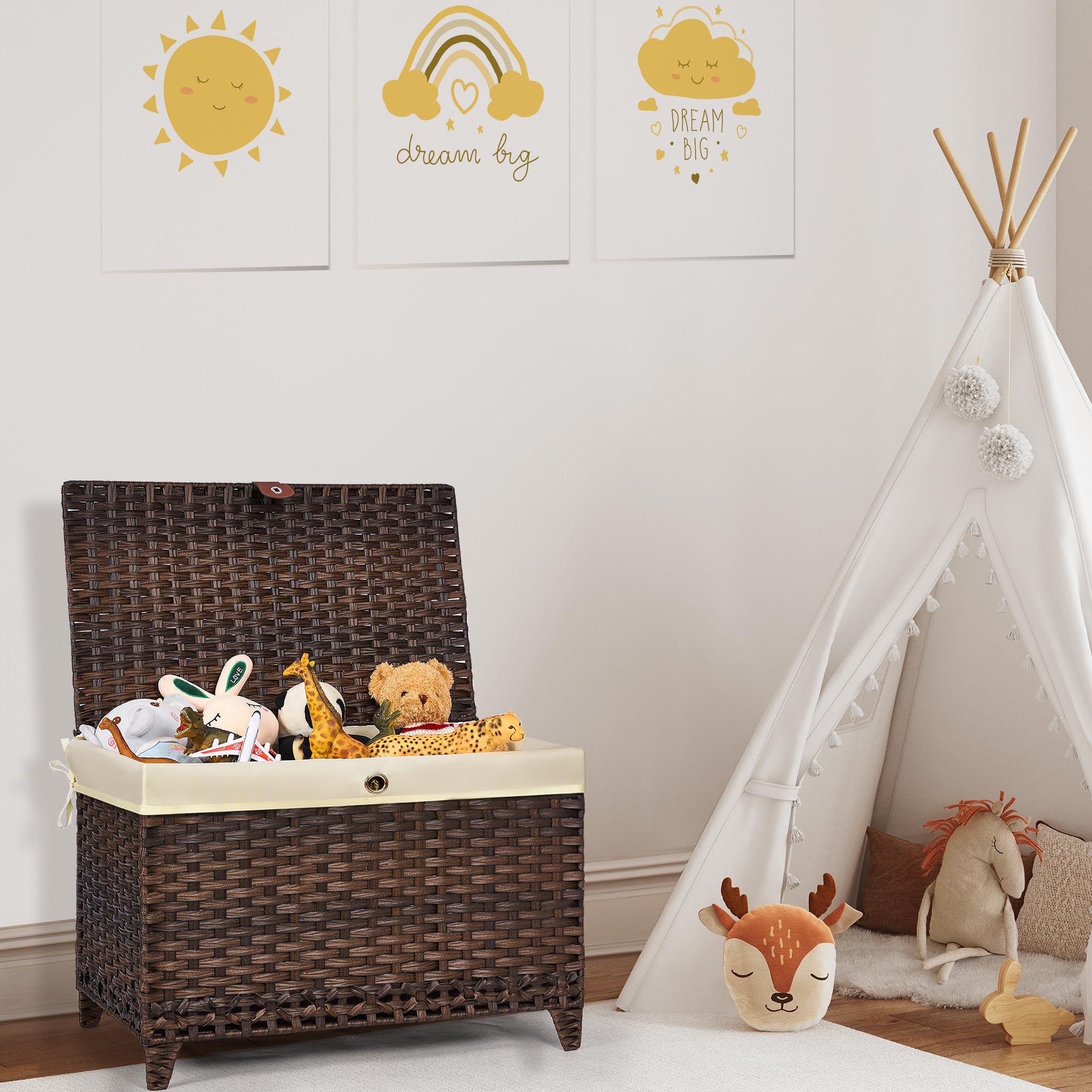 Honjourai Wicker Storage Basket With Lid,Rattan Shelf Basket With Removable Liner Bag,105L Storage Bin,Storage Trunk With Height