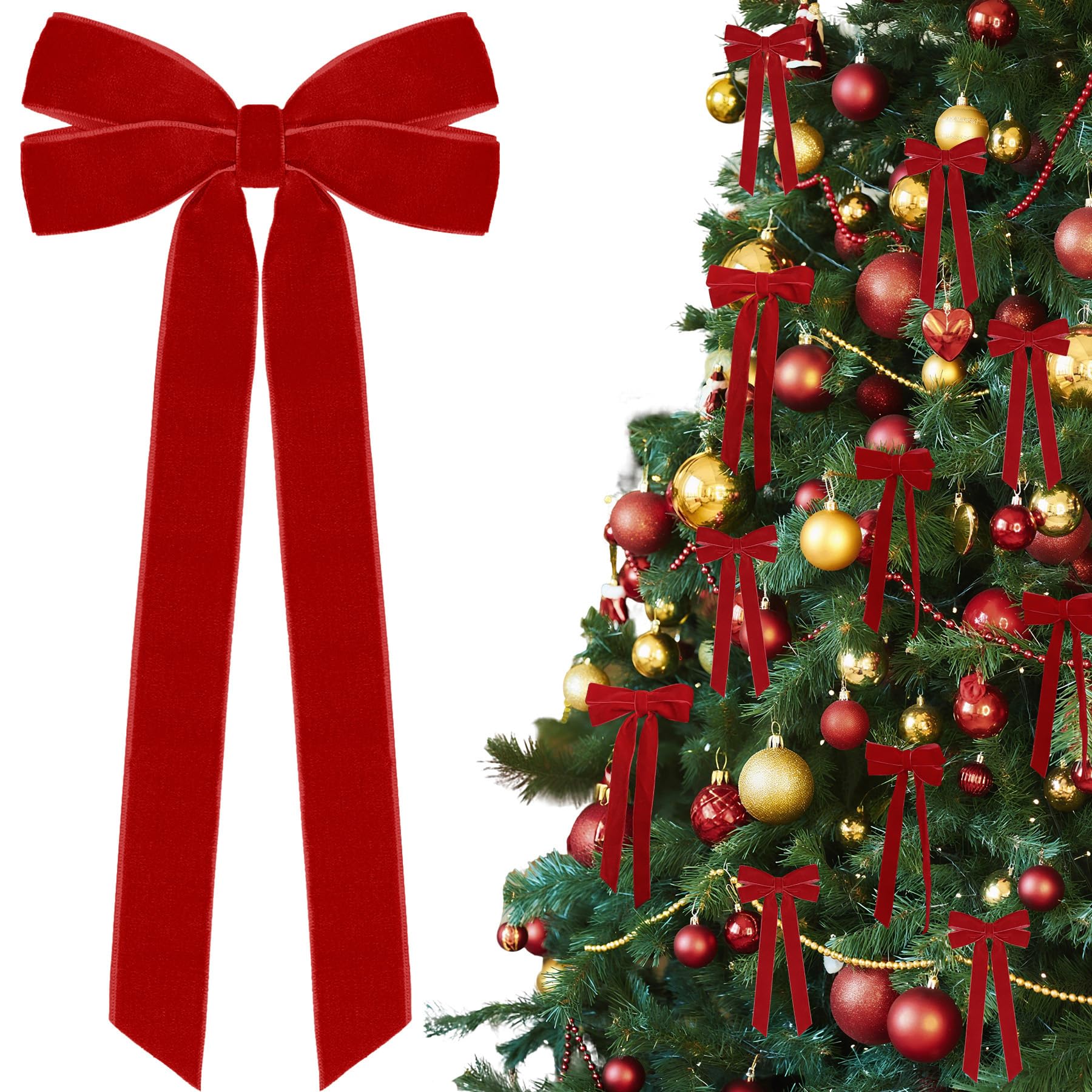12Pcs Red Velvet Ribbon Bows Christmas Tree Decorations,5in x 10in Xmas Ornaments for Tree Home Party Front Door Wreath Holiday 