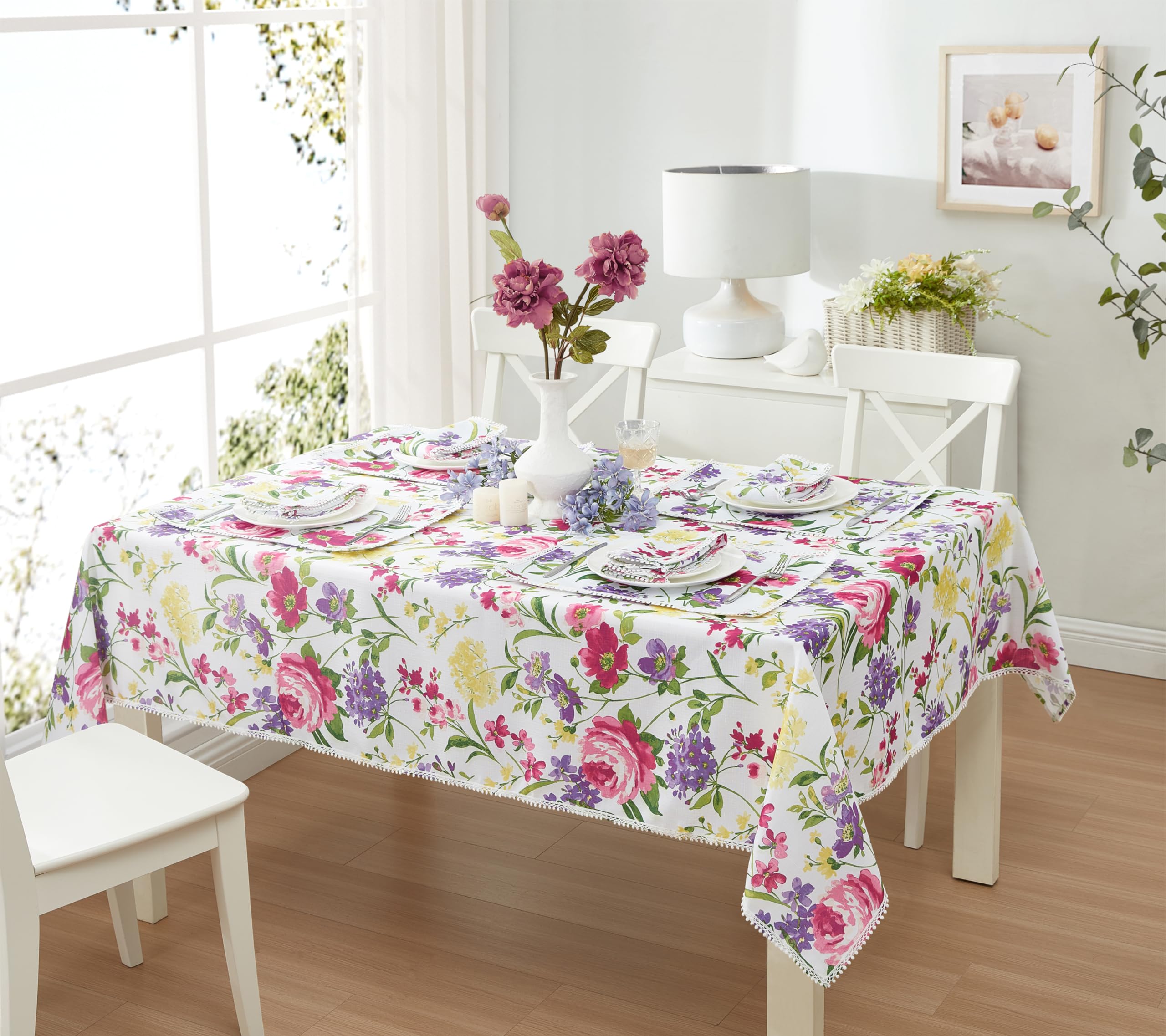 Newbridge Rectangle Fabric Tablecloth, 60 X 120 Inch, Summer Sophia Pom Pom Fringe, Wrinkle And Stain Resistant Pink And Purple