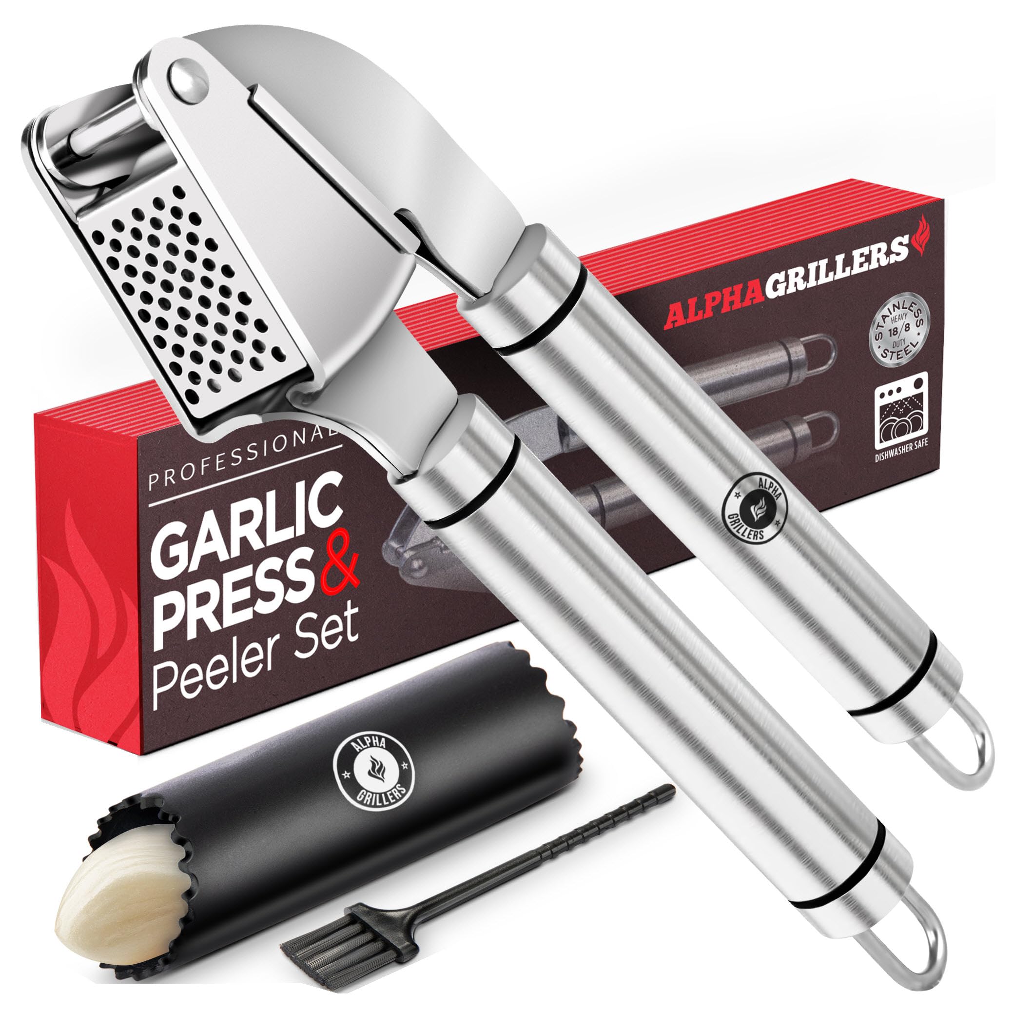 Professional Garlic Crusher - Dishwasher Safe Garlic Press Stainless Steel - Garlic Mincer With Silicone Garlic Peeler - Kitchen