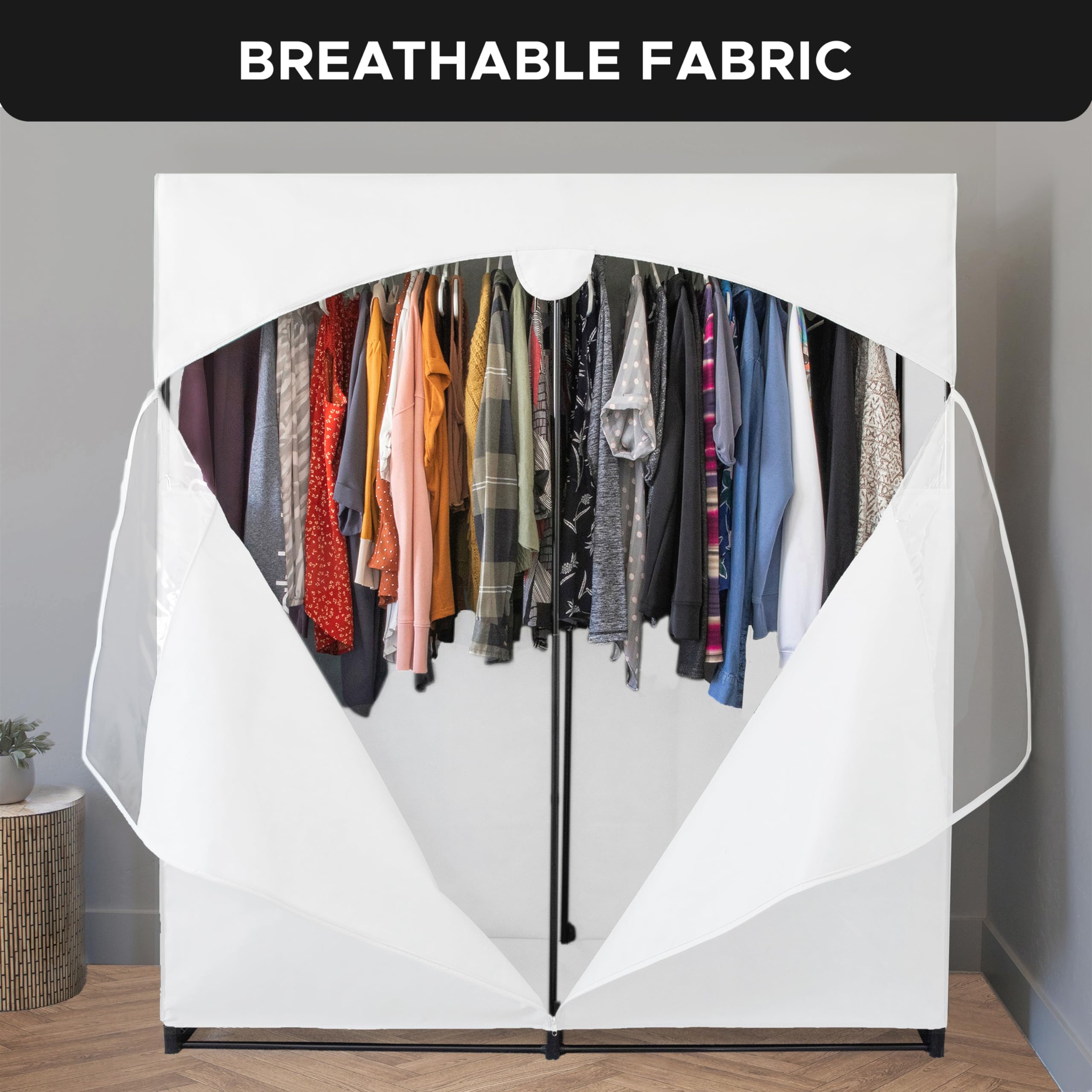 Holdn Storage Portable Wardrobe Closet, Large - Premium Heavy Duty Metal Hanging Rod With White Cover- 50 Lb. Weight Capacity- S
