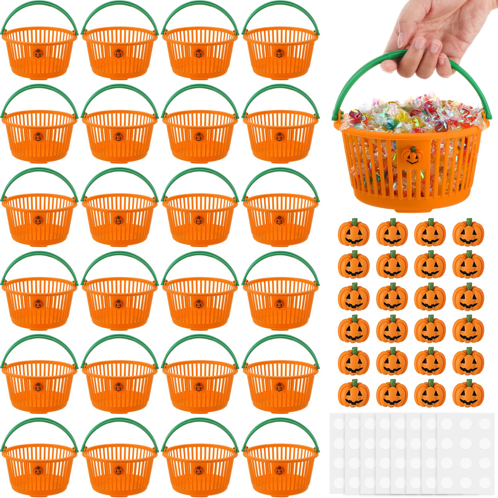 Potchen 24 Pcs Halloween Pumpkin Baskets Bulk Trick or Treat Candy Buckets Plastic Devil Smile Candy Basket with Handle Pumpkin 