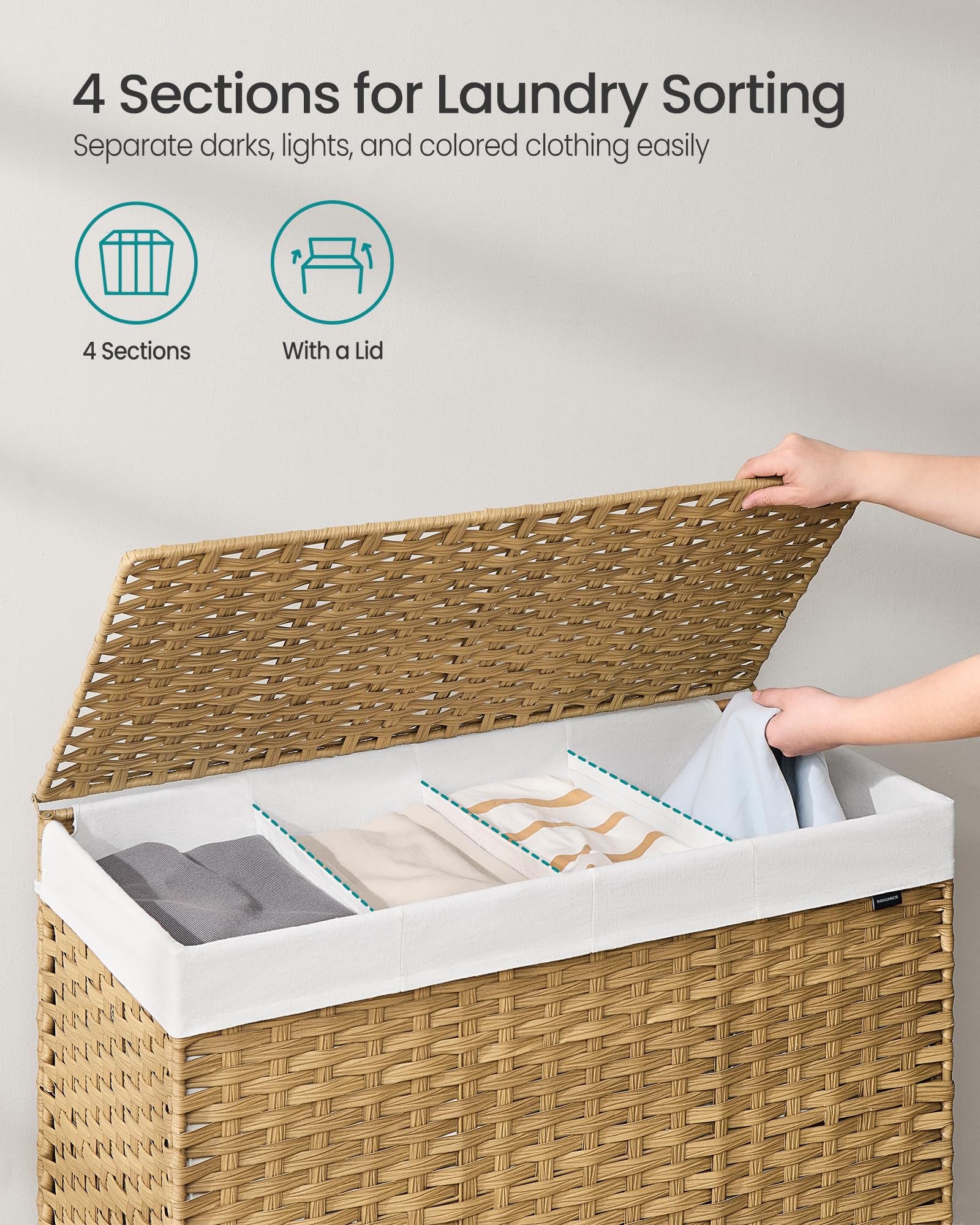 Songmics Laundry Hamper With Lid, 55.4 Gallons (210 L), Rolling Laundry Basket With Wheels, 4-Section Synthetic Rattan, Removabl