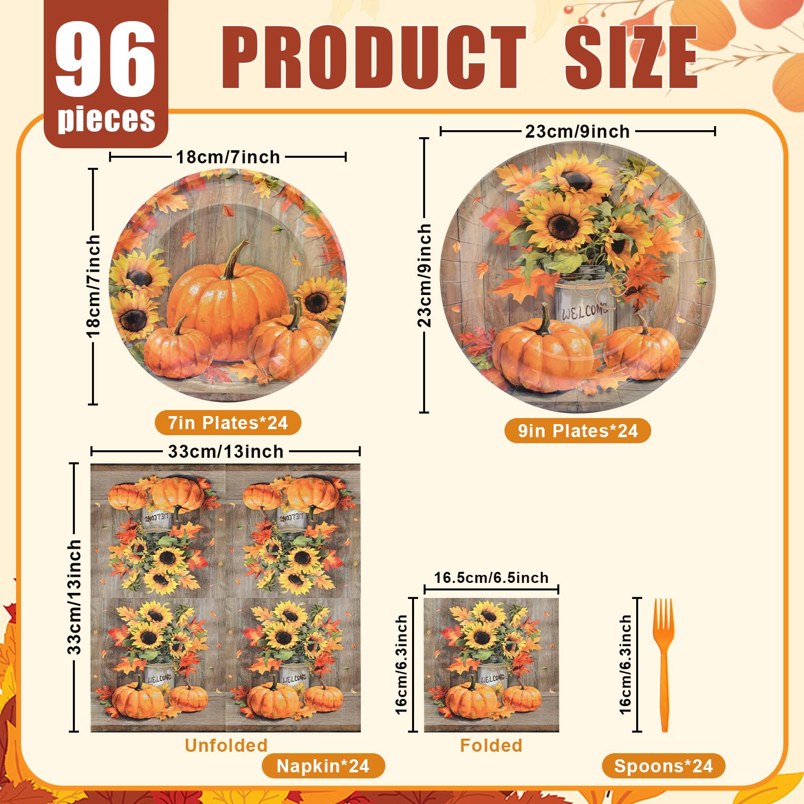 96 Pieces Thanksgiving Tableware Set - Rustic Pumpkin and Sunflower Disposable Dinnerware with Paper Plates, Napkins, and Forks