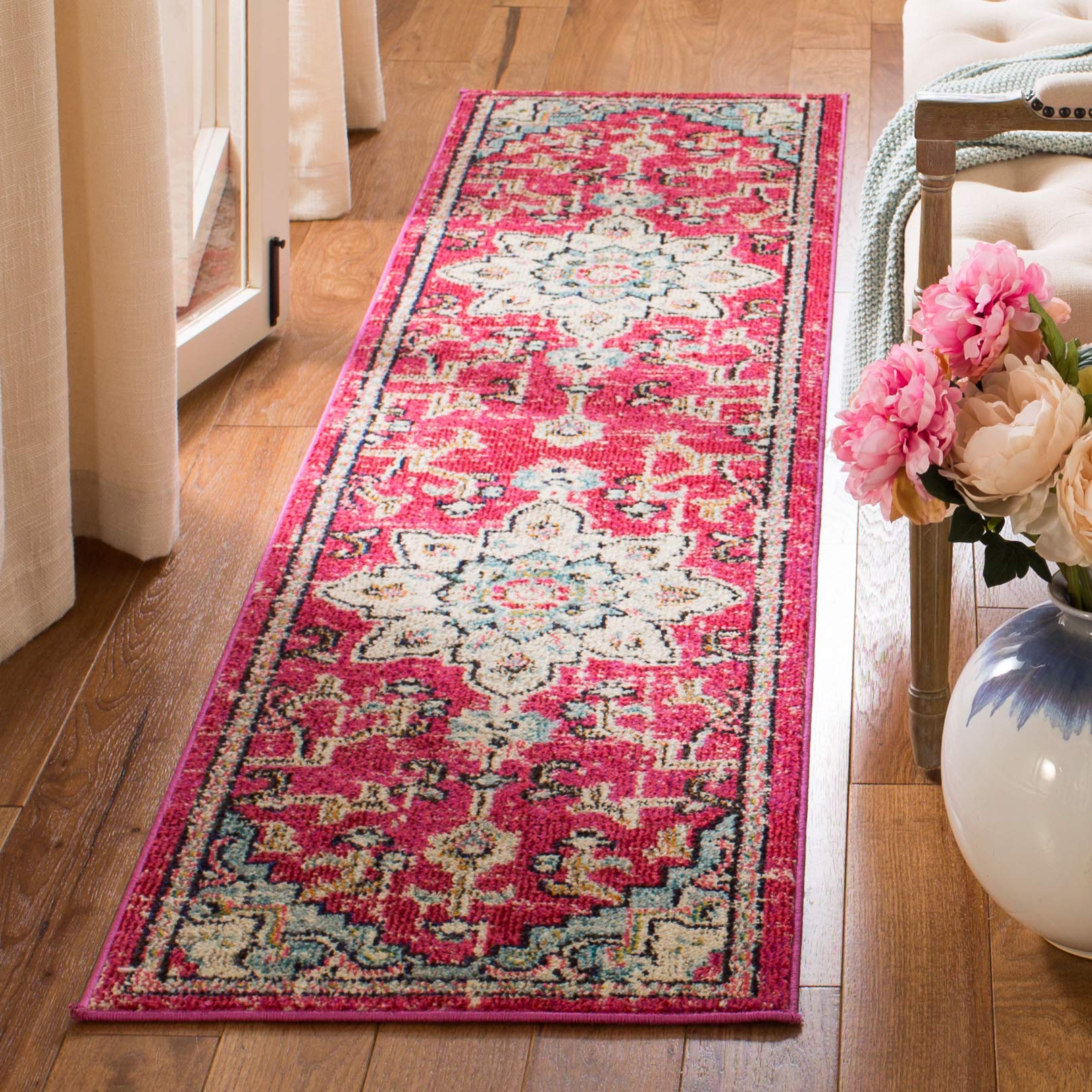 SAFAVIEH Madison Collection Runner Rug - 22 x 14, Fuchsia & Blue, Boho Chic Medallion Distressed Design, Non-Shedding & Easy C