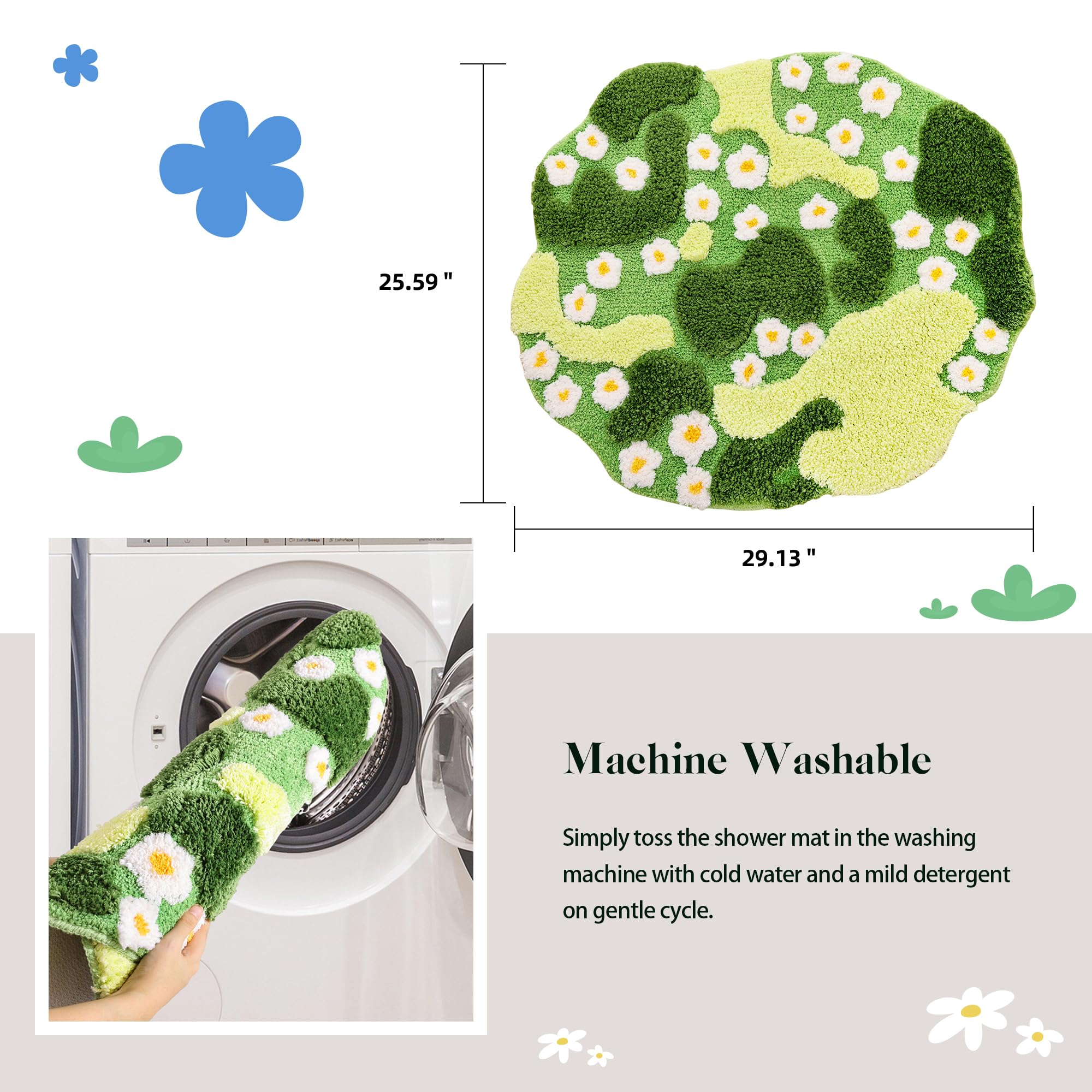 Yikush Bathroom Rugs Green Bath Mat Cute Moss Rug With Small White Flowers Non Slip Door Mat For Bedroom And Kitchen Soft Washab