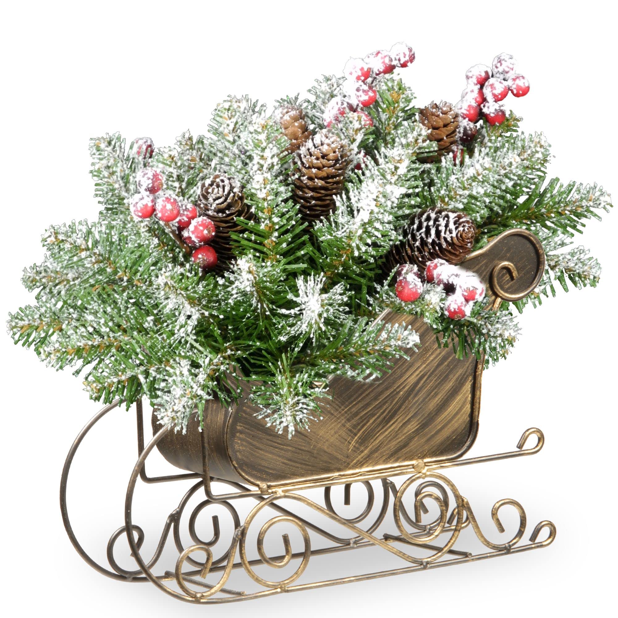 National Tree 10 Inch Dunhill Fir Sleigh with 6 Cones, 5 Red Berries and Snow (DUF3-800-10-1)